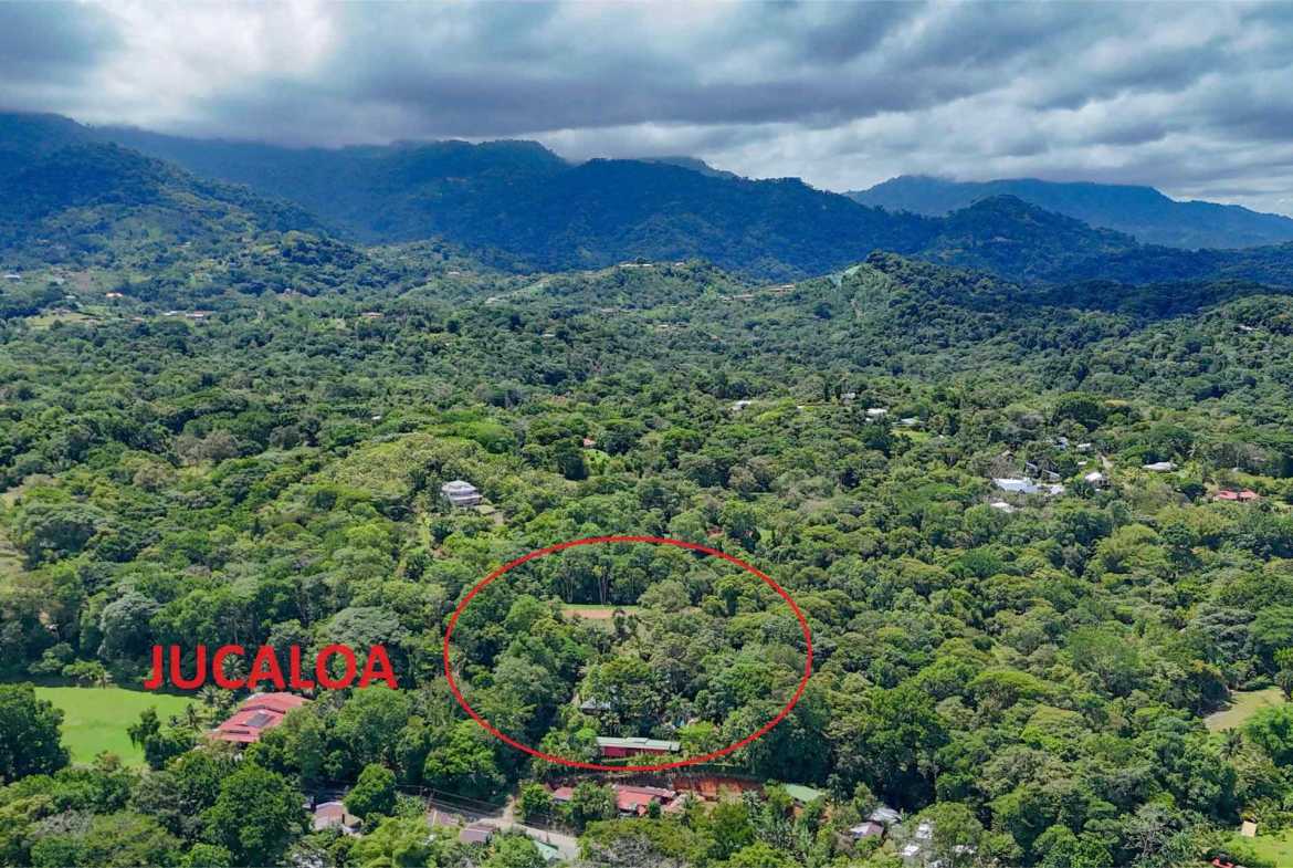 6-Bedroom Business Property aerial view with circled wooded lot, road and cloud-capped mountains in Ojochal, Costa Rica