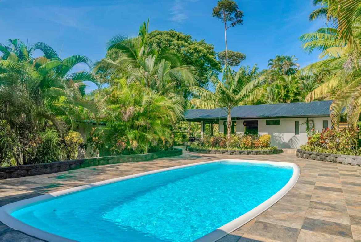 Riverfront Home with Pool: outdoor pool and stone terrace framed by tropical palms in Ojochal, Costa Rica