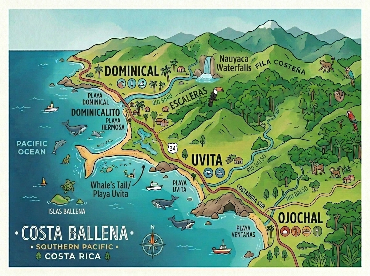 Map of Costa Ballena region showing Dominical, Uvita, and Ojochal