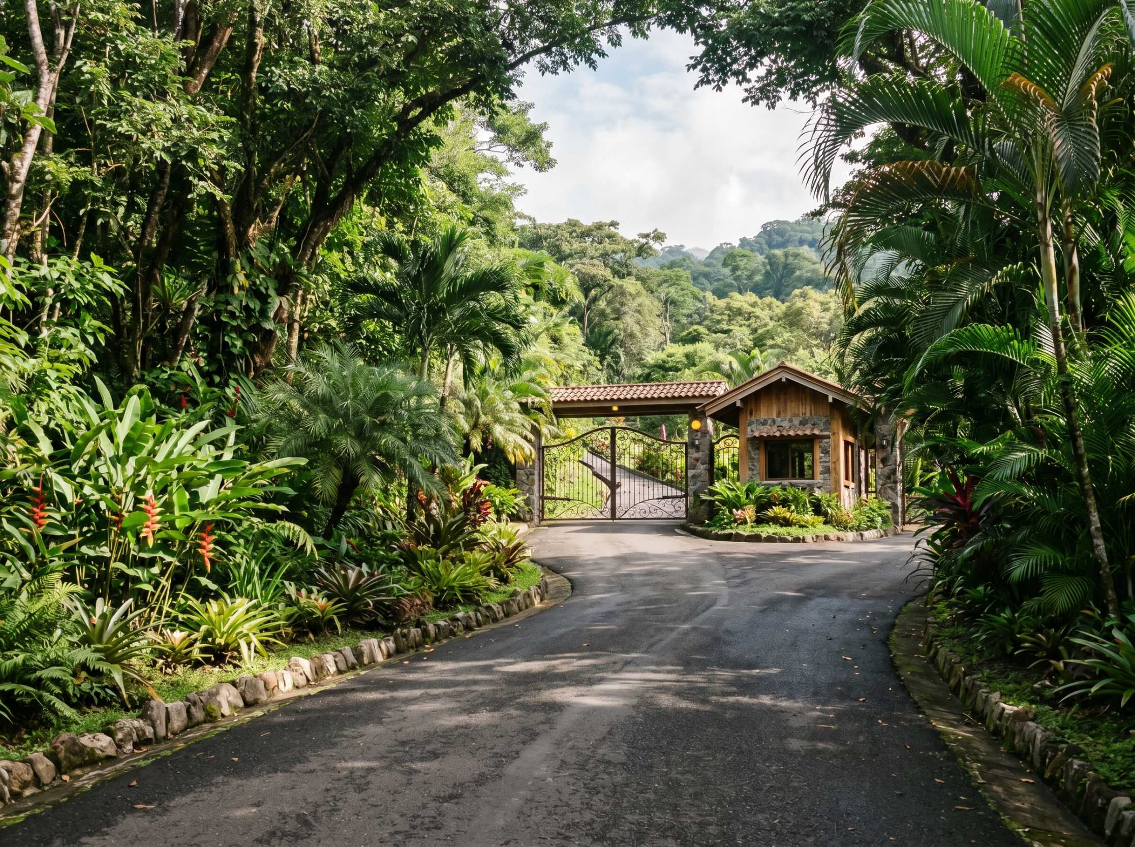 Quiet street in a gated jungle community in Ojochal with security gate