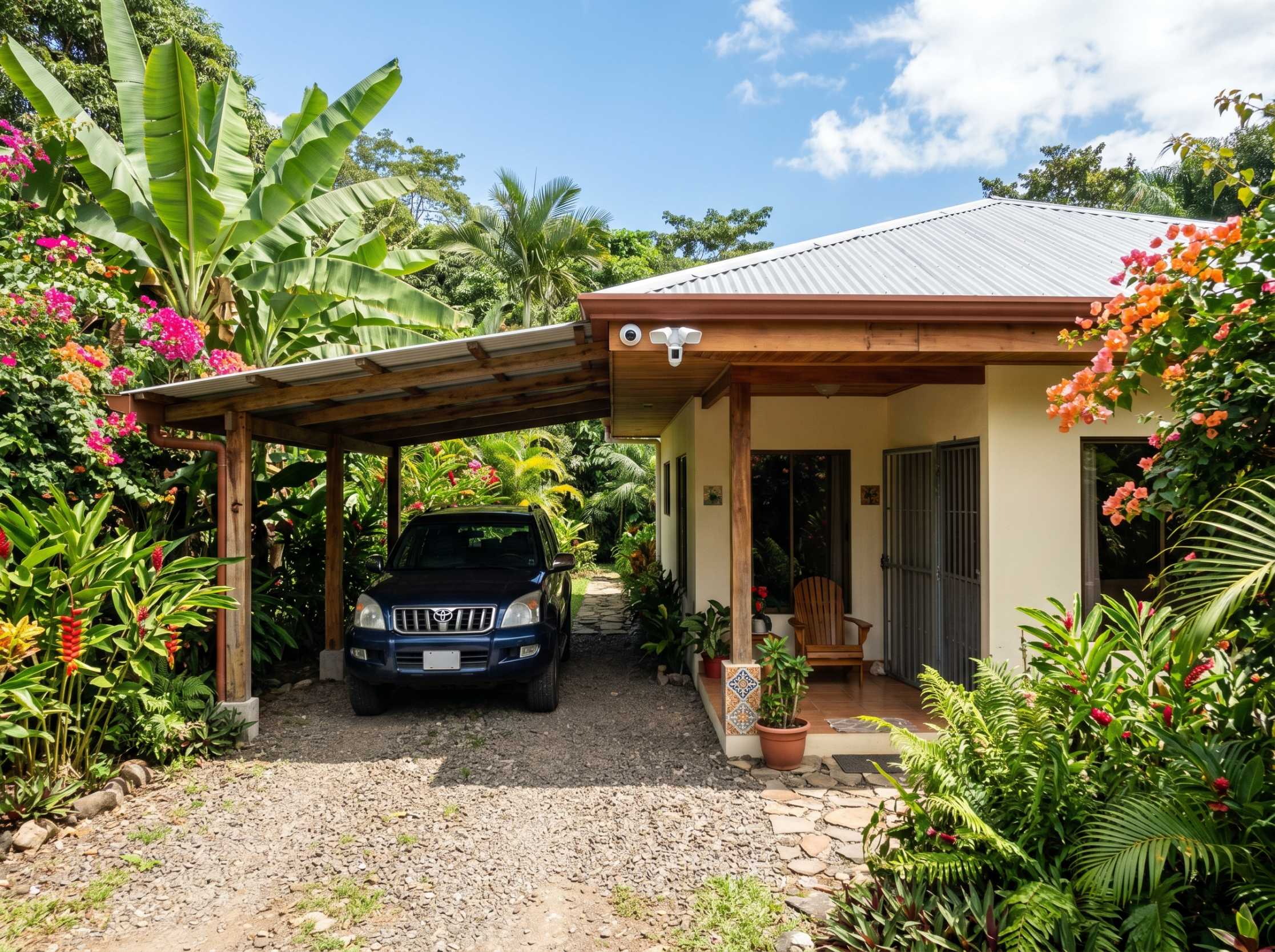 Home security setup with motion light and camera at a Costa Rica property