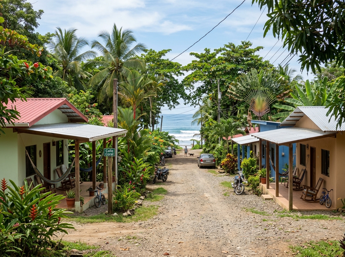 Quiet residential street near the beach in Costa Rica with simple homes