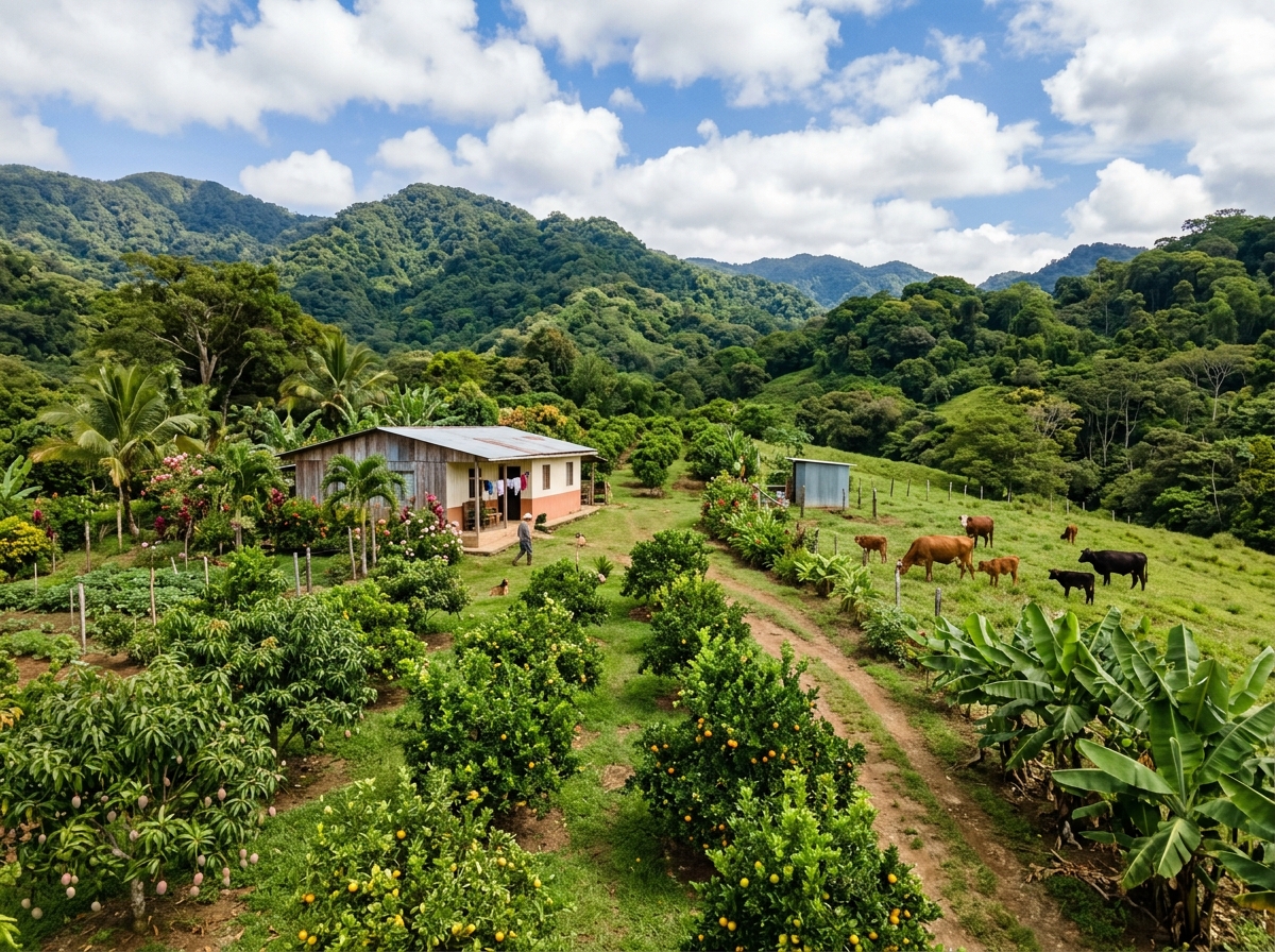 Productive farm in Costa Rica with fruit trees, cattle, and a small farmhouse