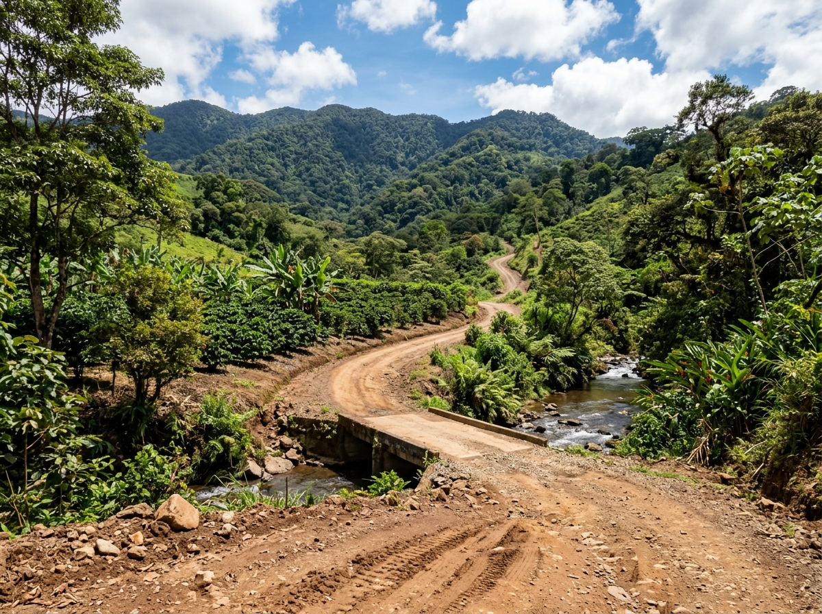 Rustic dirt access road crossing a river through farmland in Costa Rica