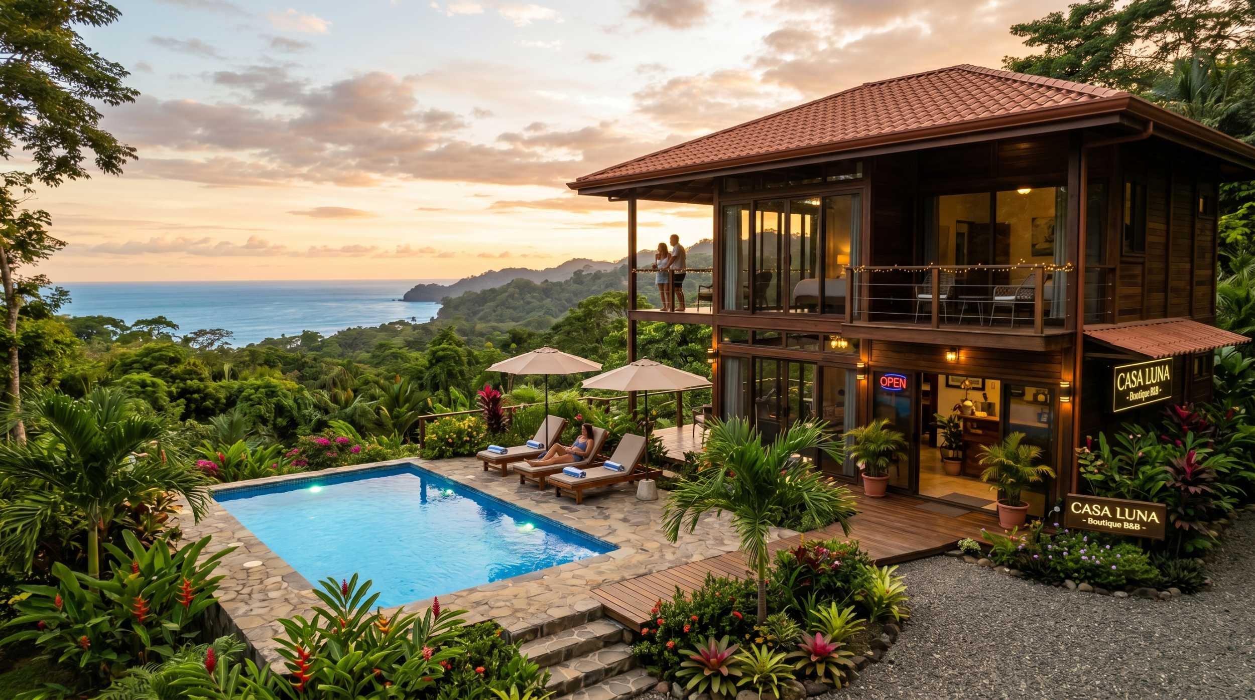 Boutique bed and breakfast hotel for sale in the Costa Rica jungle hills with pool and ocean view