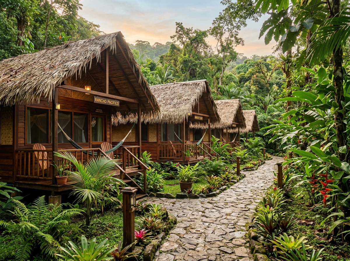 Row of jungle bungalow cabins for a small eco-hotel for sale in Costa Rica