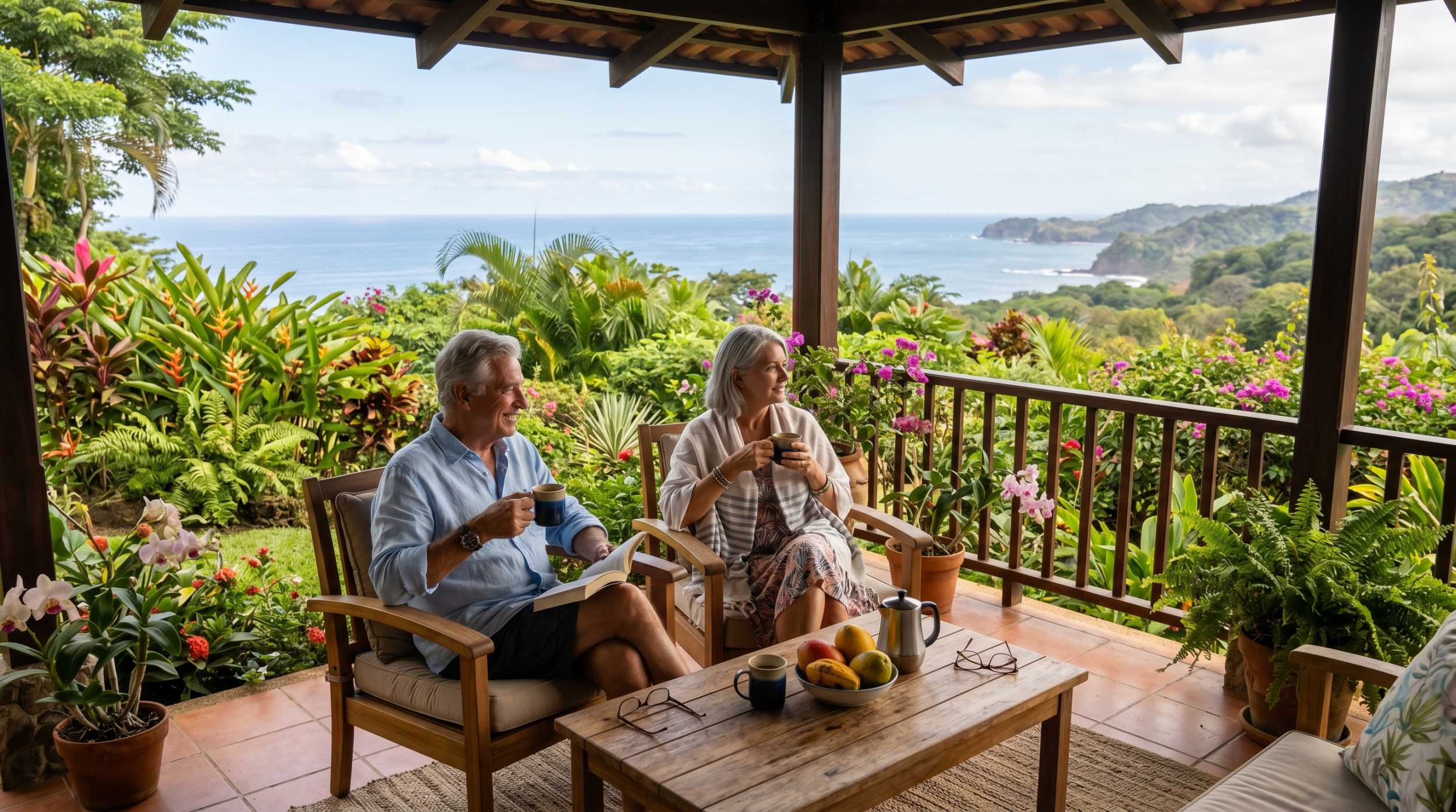 Retired couple enjoying coffee on a hillside terrace with ocean view in Costa Rica
