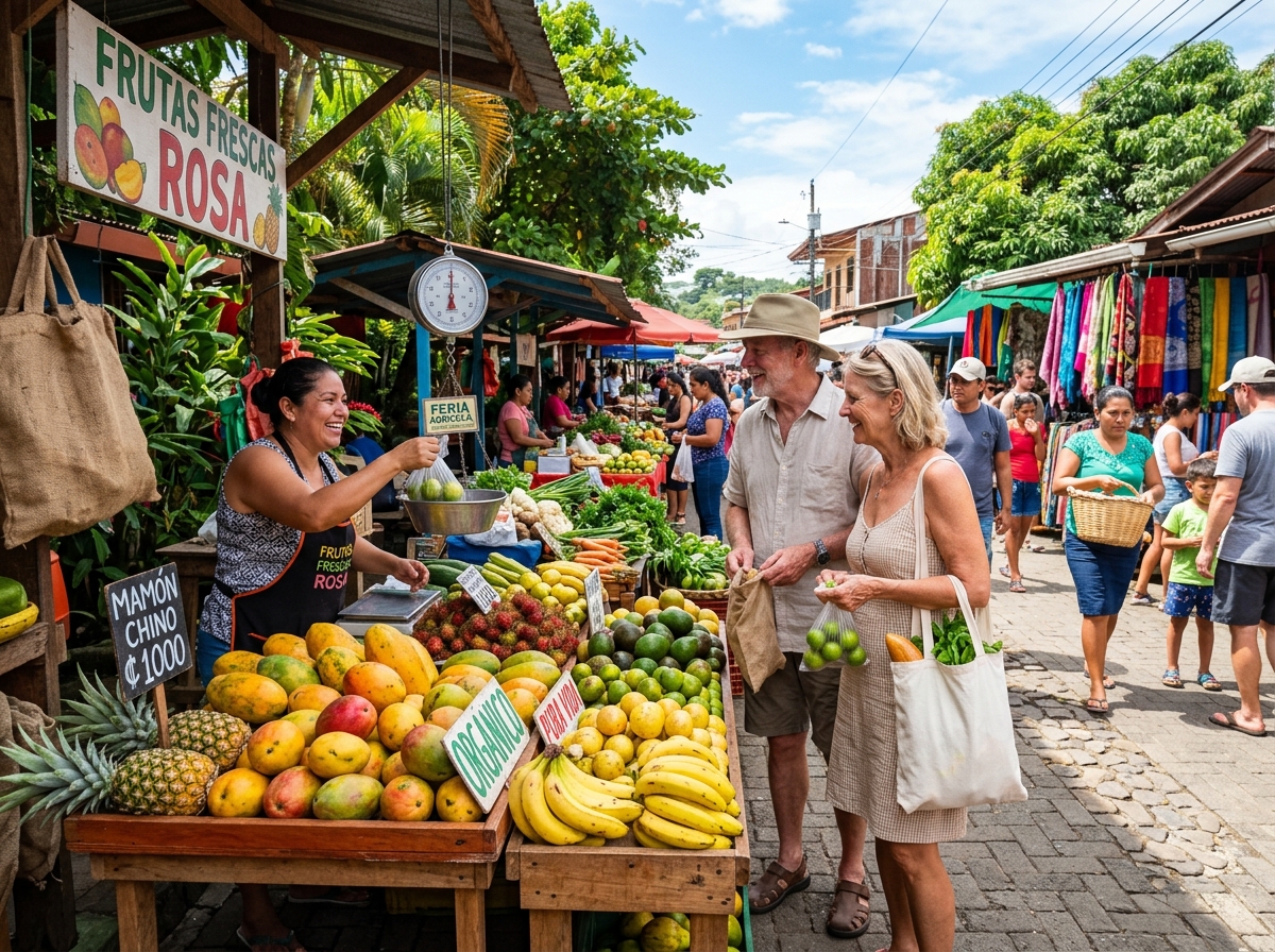 Outdoor farmers market in a small Costa Rica town with fresh tropical produce