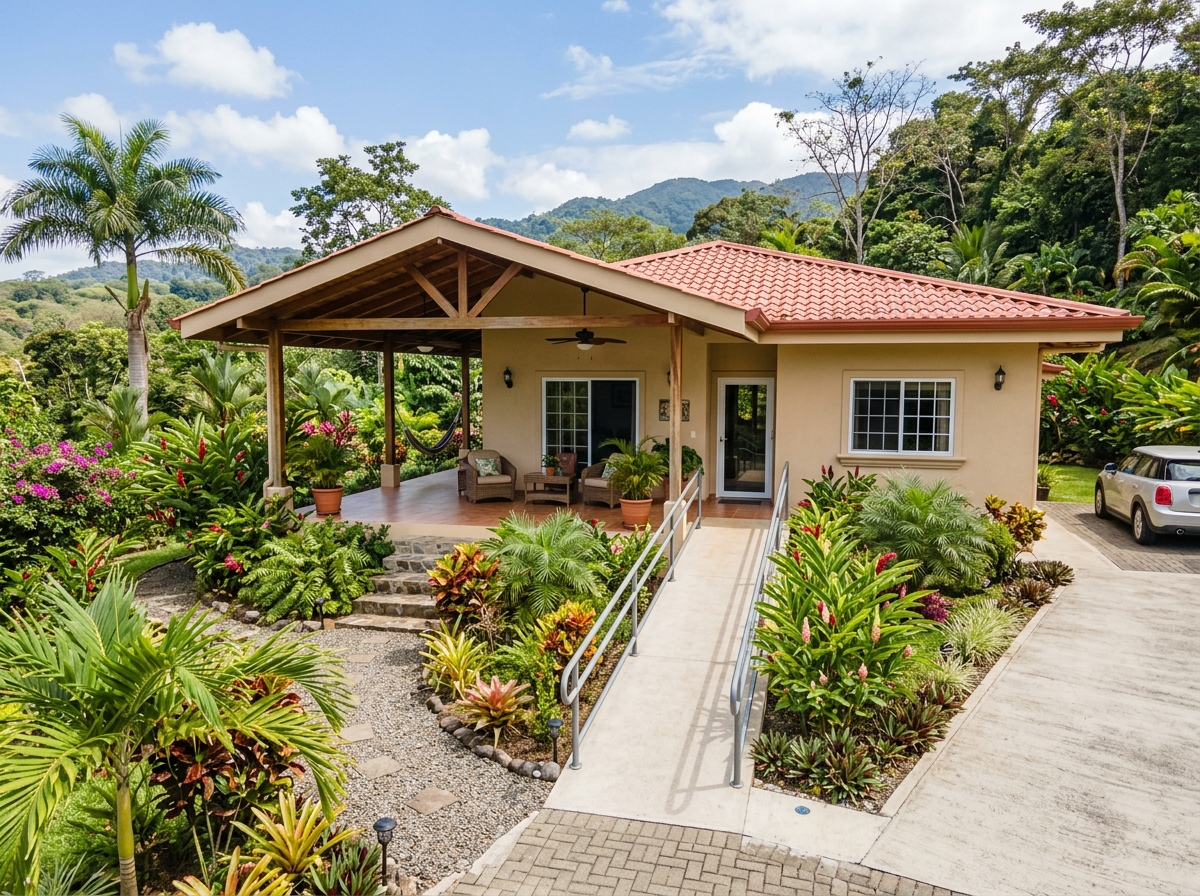 Comfortable one-story retirement home in Costa Rica with covered patio and tropical garden