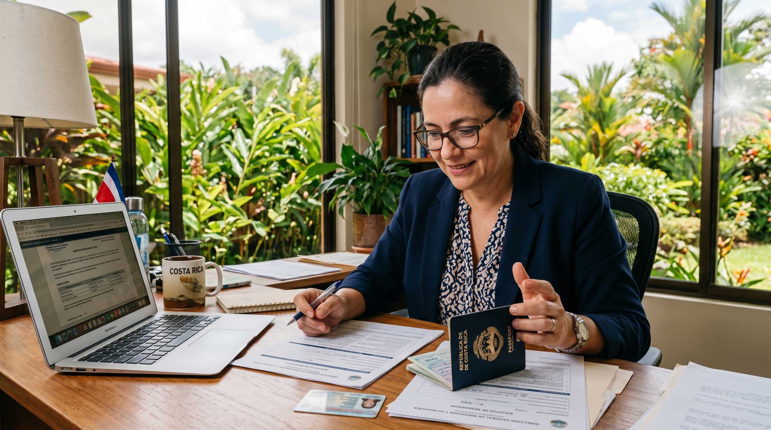 Person reviewing Costa Rica residency documents and passport at a desk with tropical view