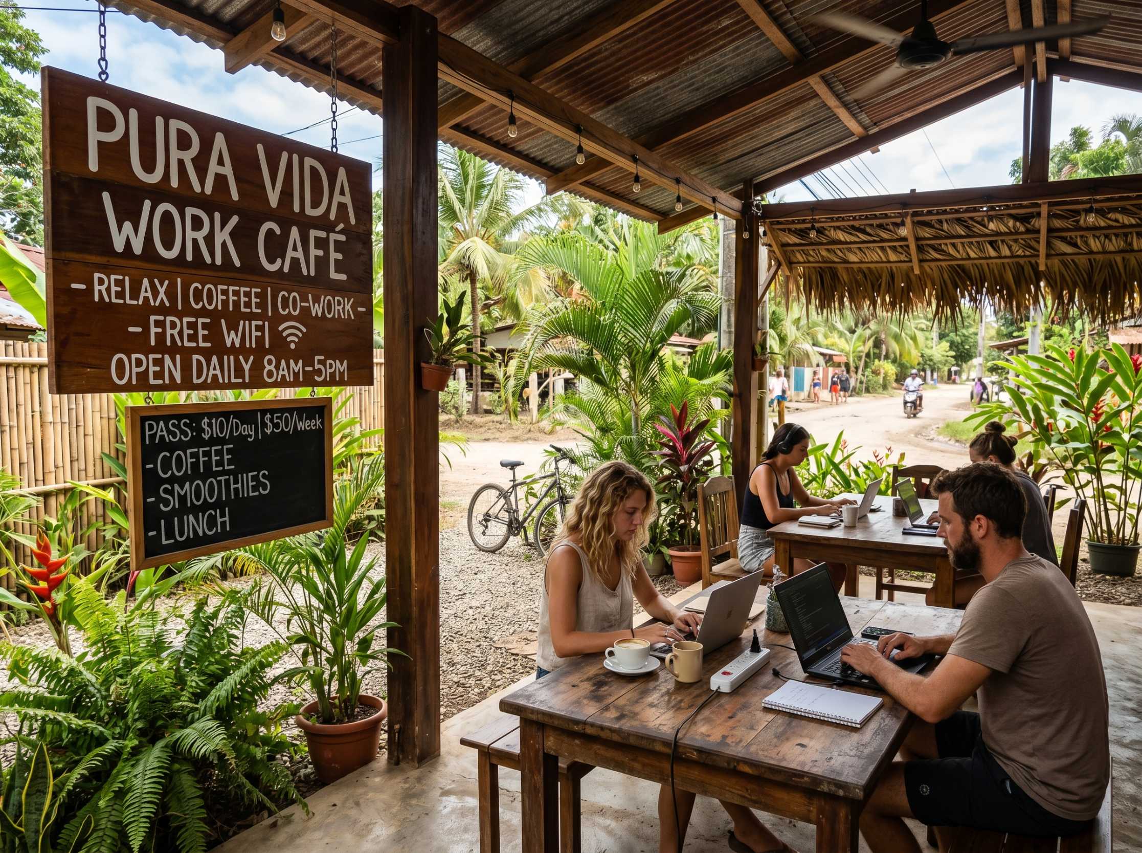 Open-air co-working cafe with people working on laptops in a Costa Rica beach town