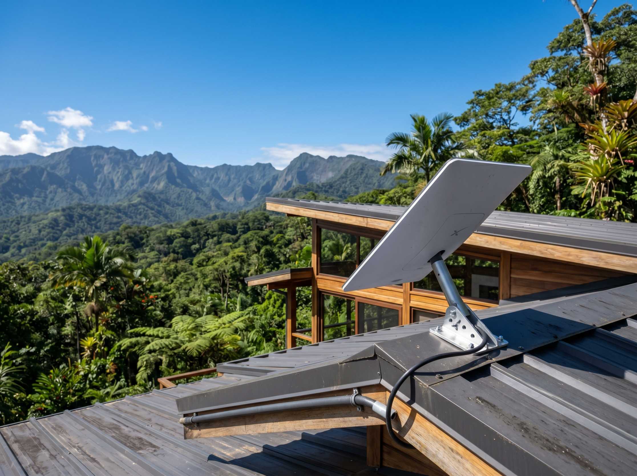 Starlink satellite internet dish mounted on roof of a home in the Costa Rica jungle