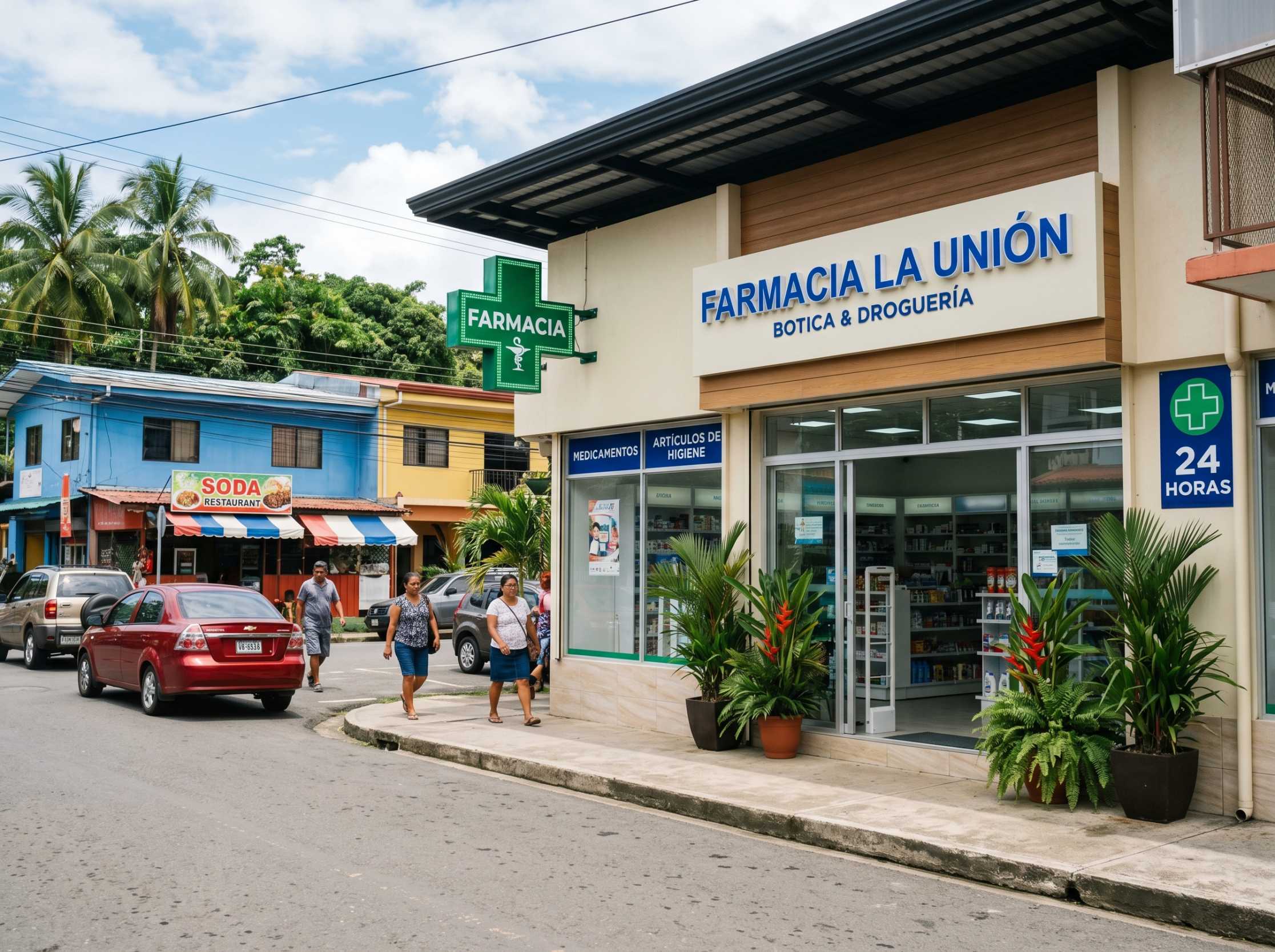 Pharmacy storefront with green cross sign in a Costa Rica town