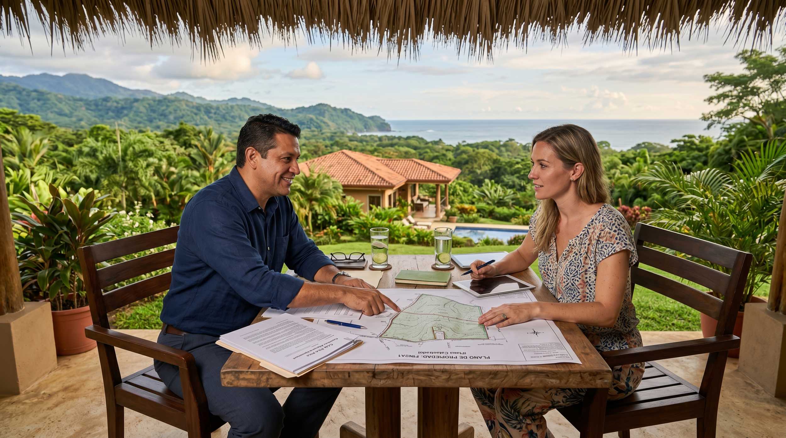 Attorney and buyer reviewing property documents and survey map in Costa Rica
