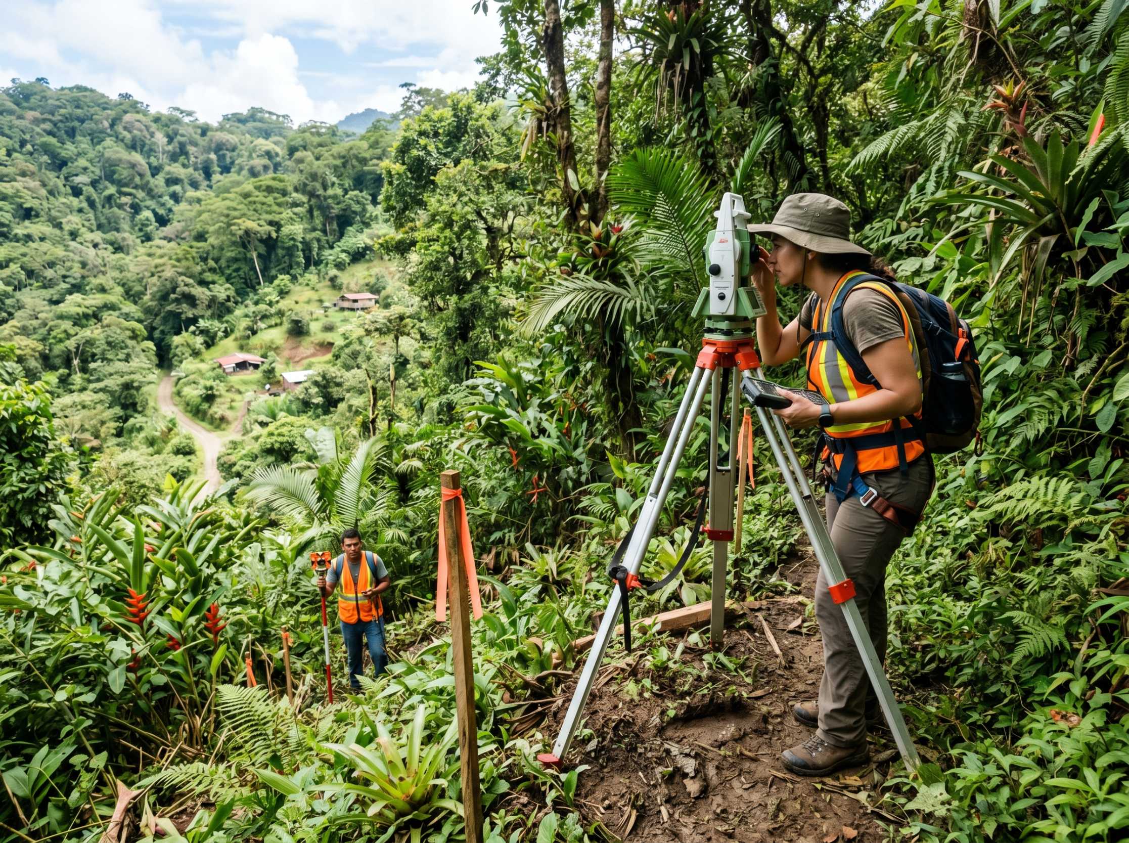Surveyor measuring property boundary lines on a jungle hillside lot in Costa Rica