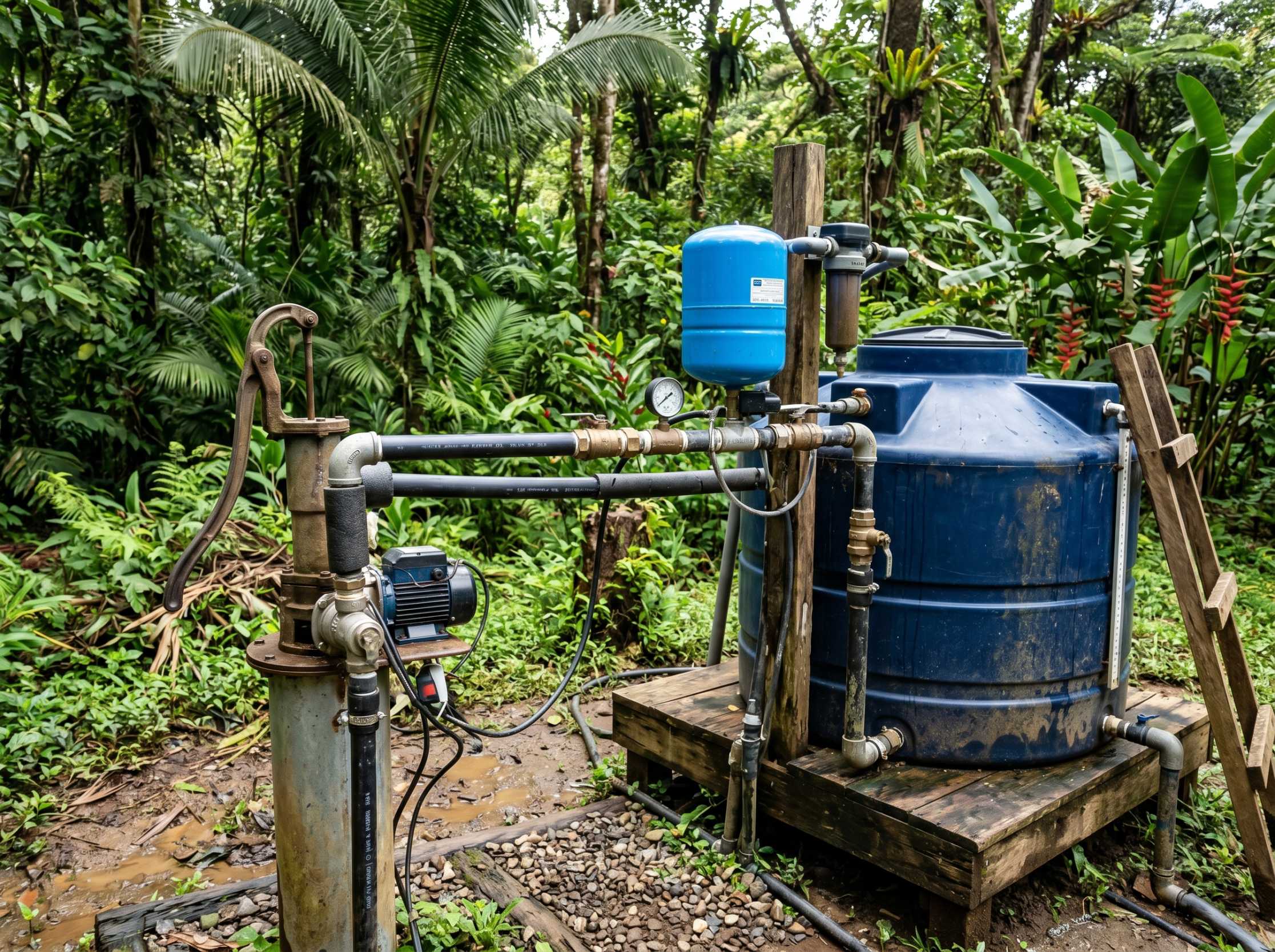Water well and tank system on a rural property in Costa Rica