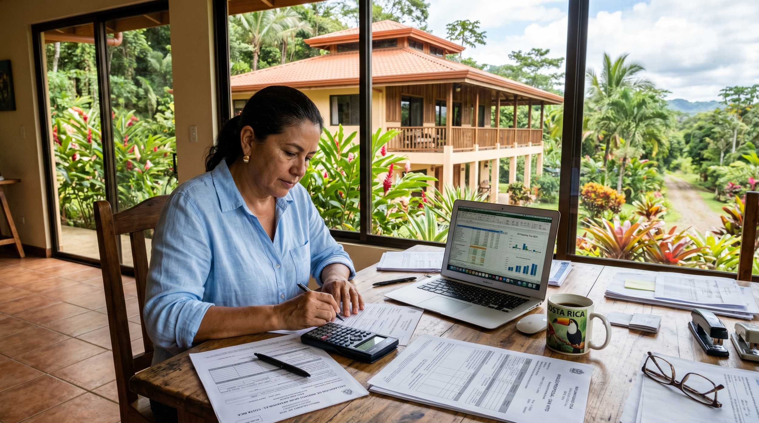 Person calculating Costa Rica property tax costs at a desk with a tropical home in the background