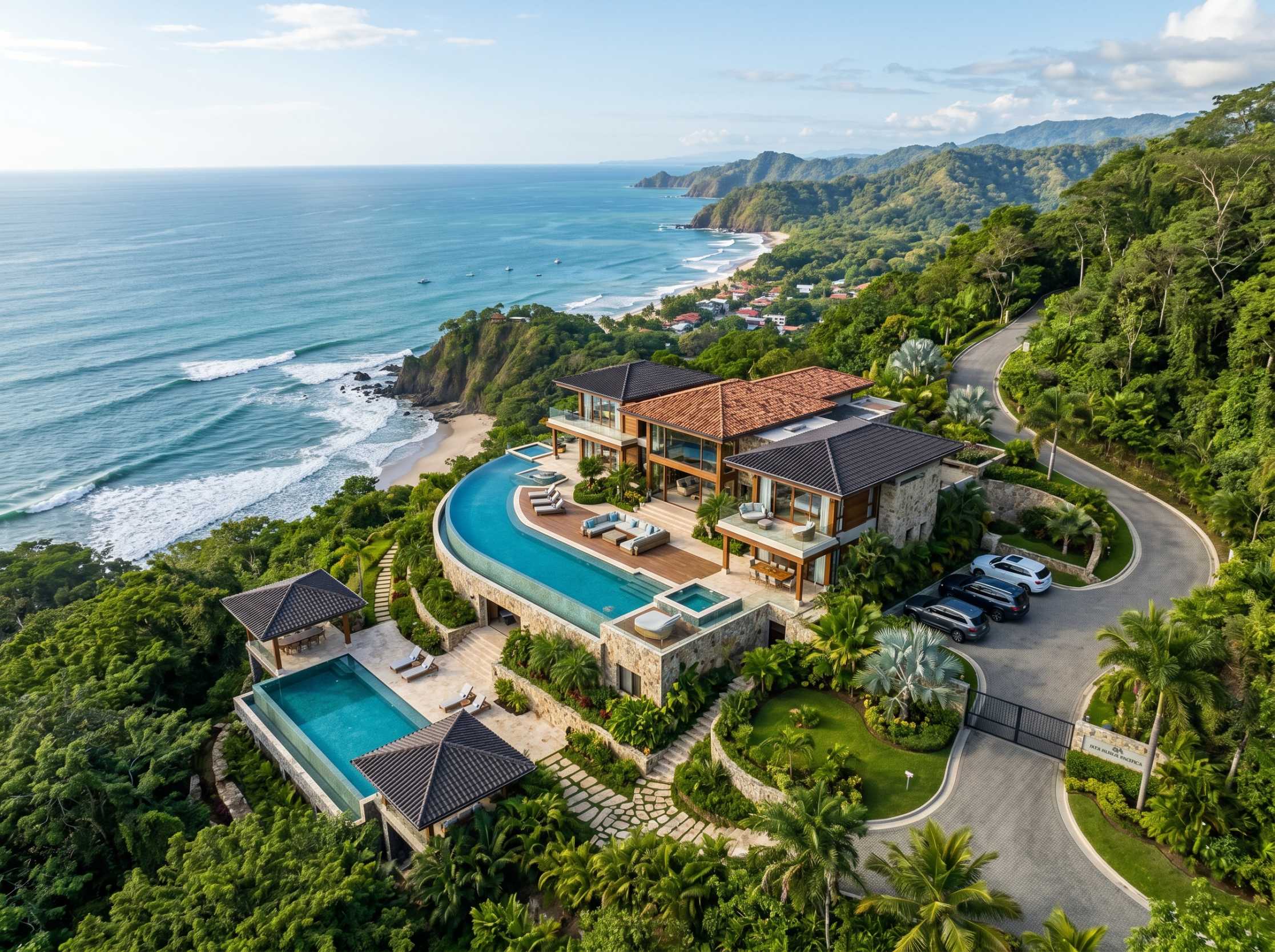 Aerial view of a luxury hillside ocean view home in Costa Rica subject to luxury home tax