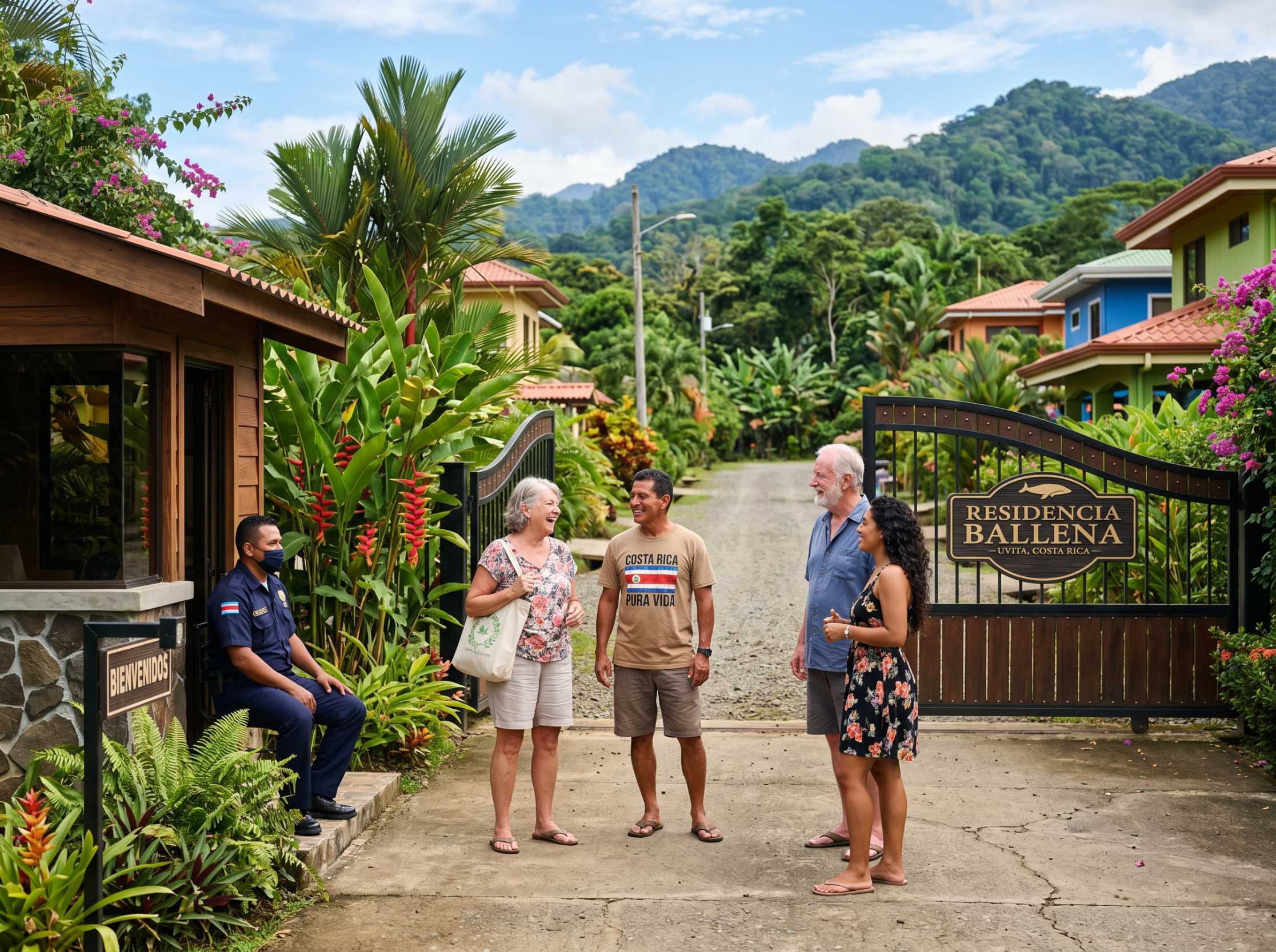 Friendly neighborhood scene near a gated community entrance in Uvita Costa Rica