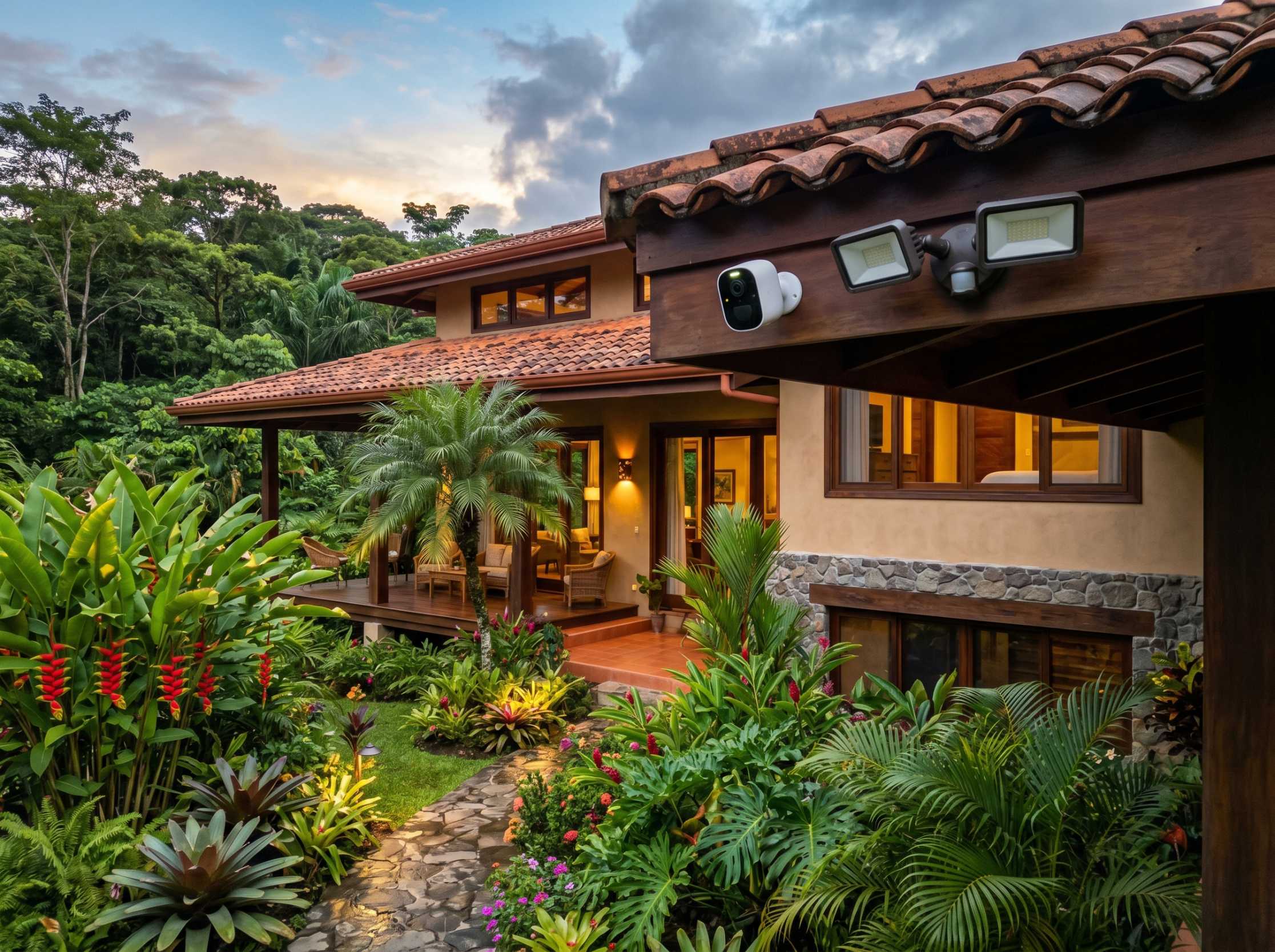 Modern home security camera and motion-sensor lighting on a tropical house in Costa Rica