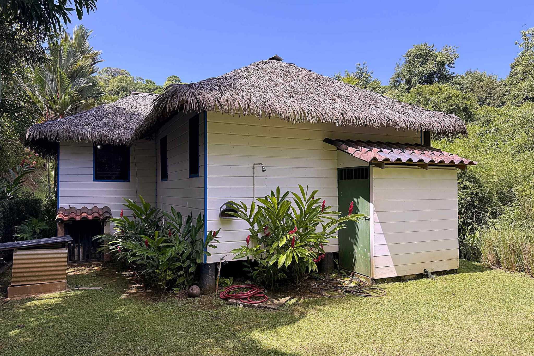 65486-30 Jungle Sanctuary Cabin exterior with thatched roof and outdoor shower in Ojochal, Costa Rica