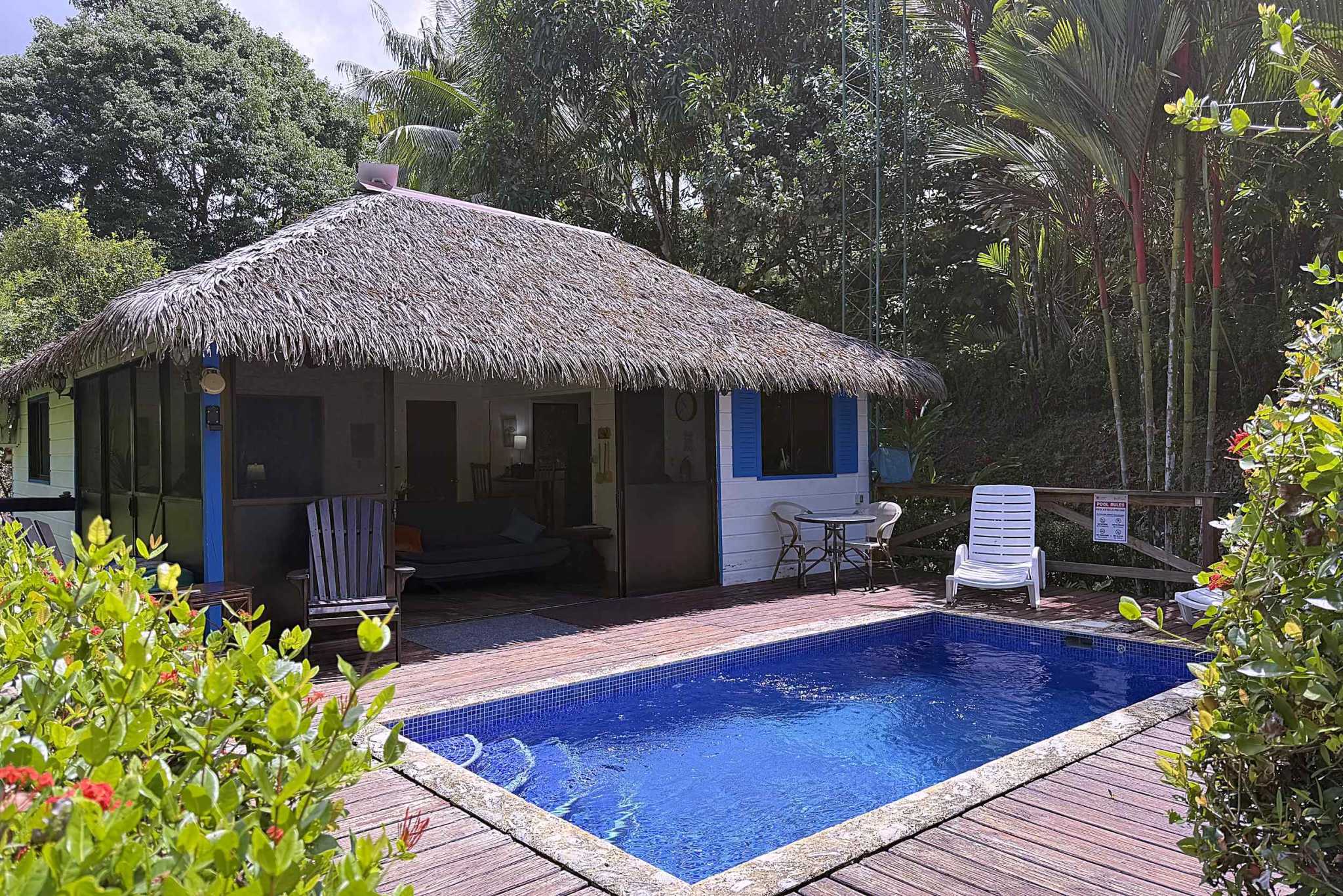 65486-01 Jungle Sanctuary bungalow with private pool, thatched roof and wooden deck in Ojochal, Costa Rica