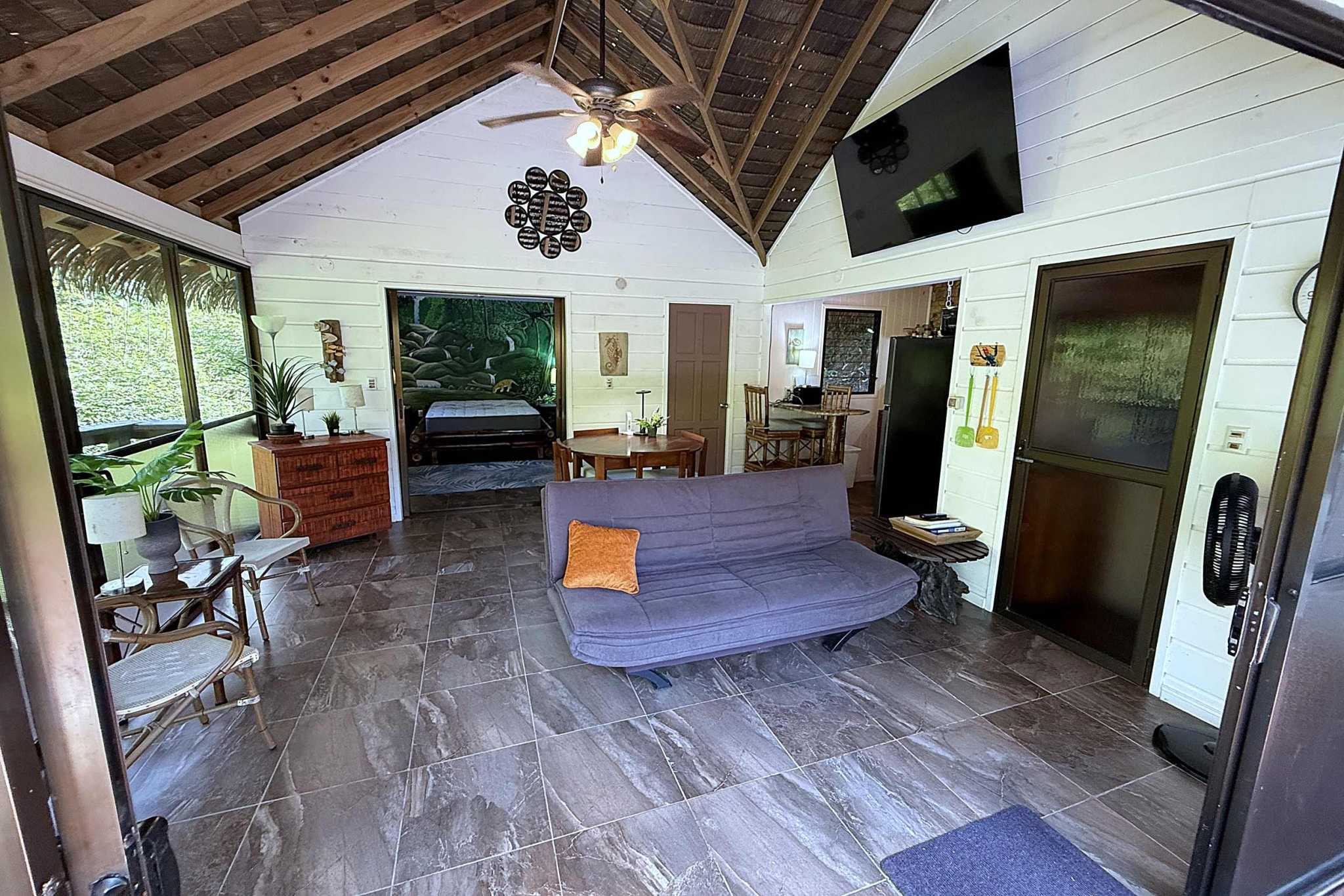 65486-08 Jungle Sanctuary living area with vaulted wood ceiling, purple sofa, and mounted TV in Ojochal, Costa Rica