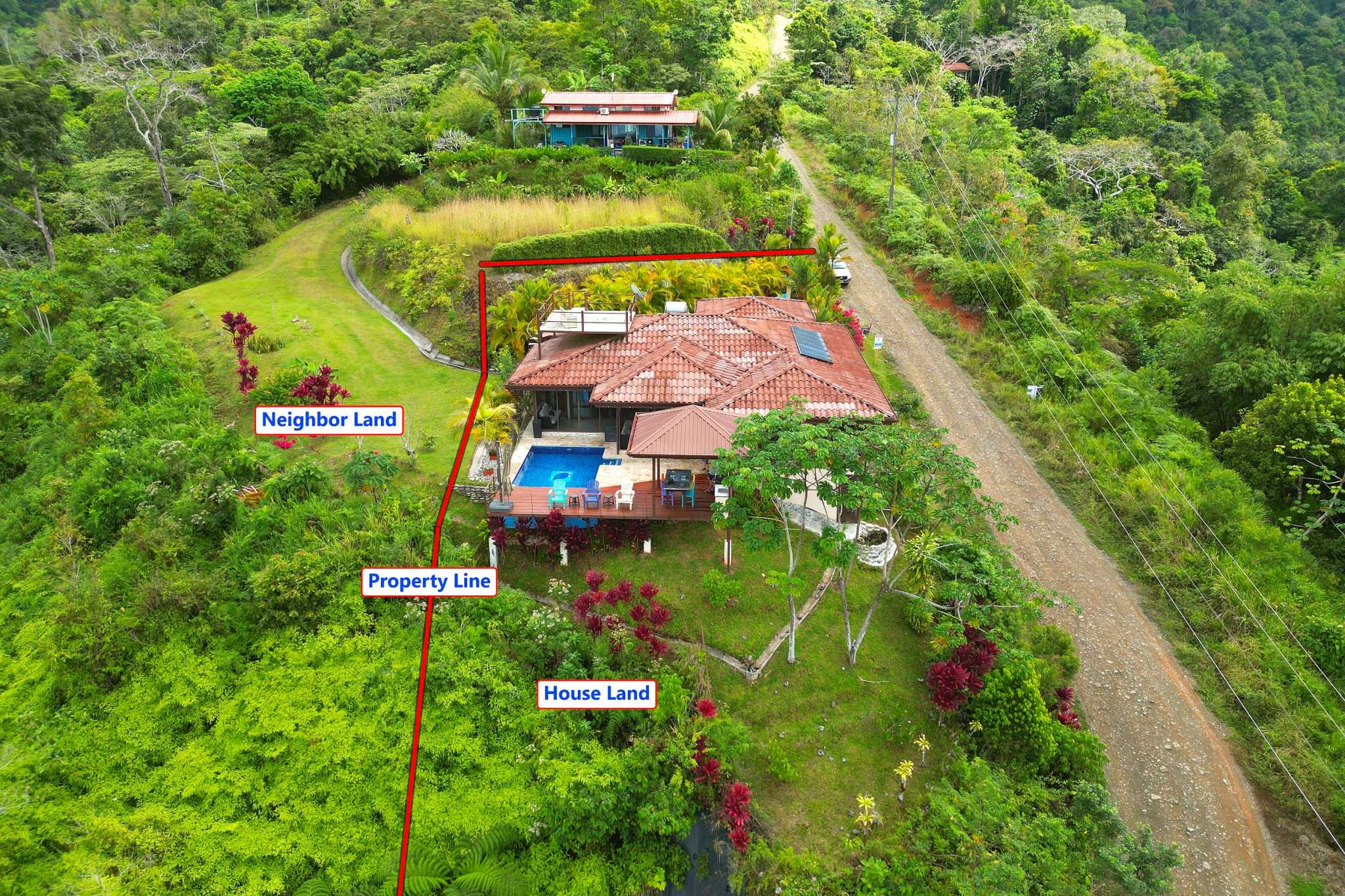 Aerial Property Boundary View Aerial property line view of the villa and pool in Toucan Valley/Osa Mountain Village, Costa Rica.