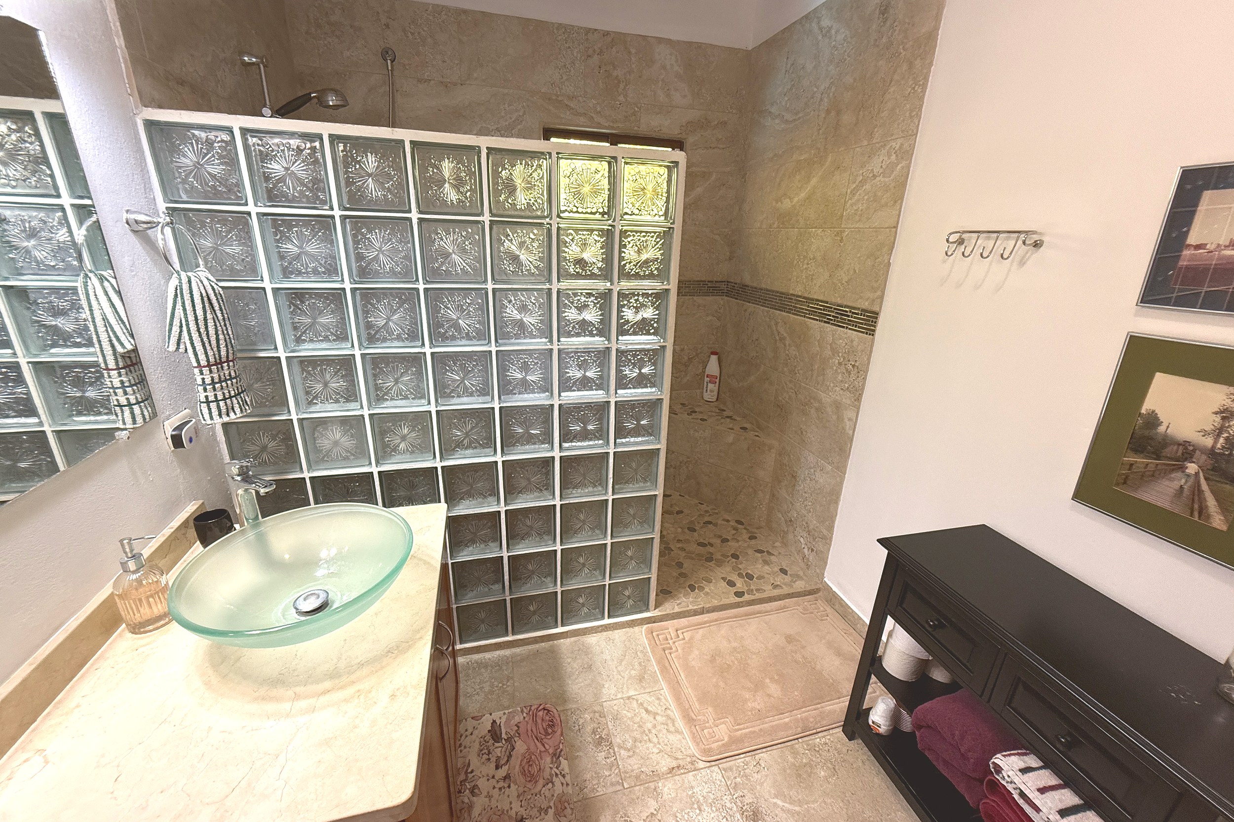 Ocean View 3-Bedroom Home master bath with glass block shower in Toucan Valley/Osa Mountain Village, Costa Rica
