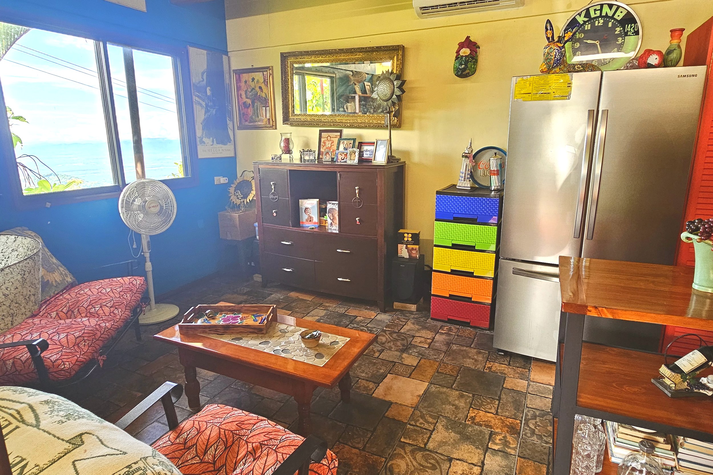 Ocean-View Home with Guesthouse living room with seating in Toucan Valley/Osa Mountain Village, Costa Rica