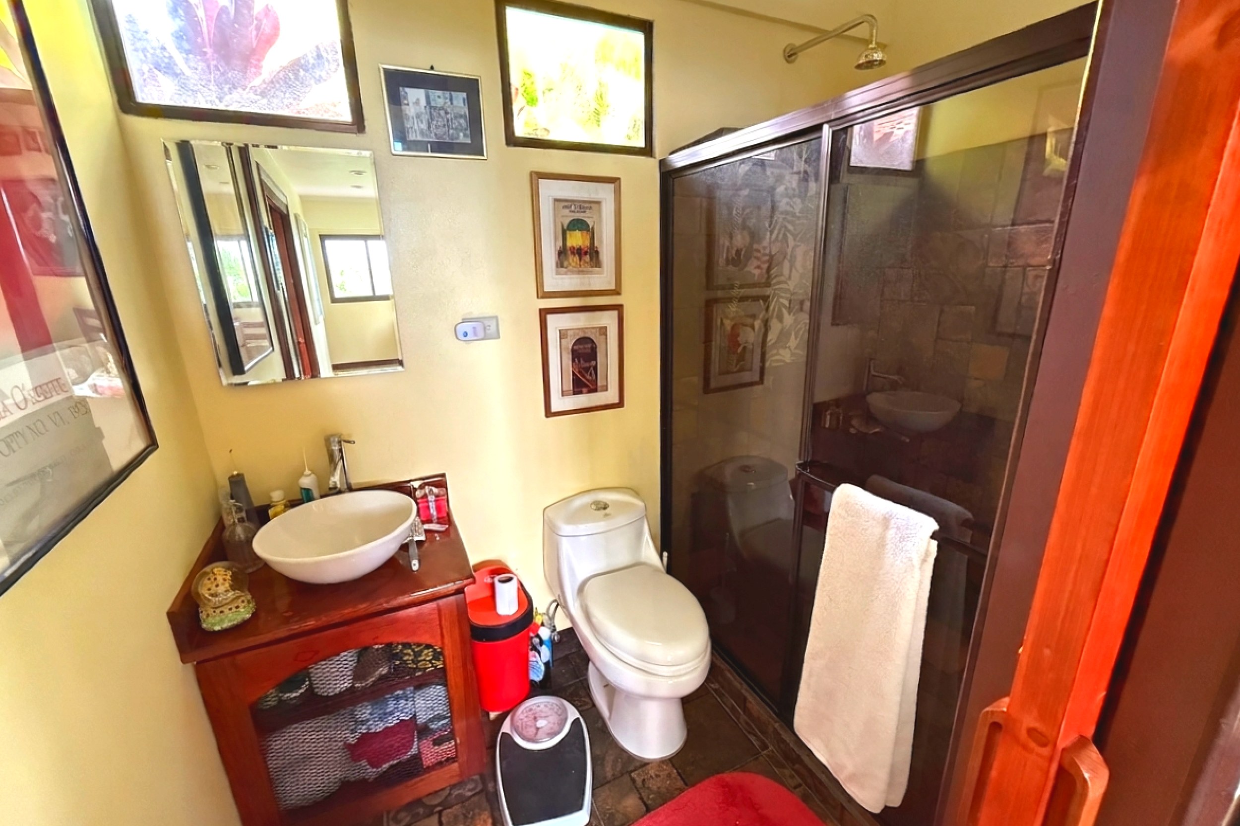 Ocean-View 3-Bedroom Home guesthouse bathroom vanity and shower in Toucan Valley/Osa Mountain Village, Costa Rica