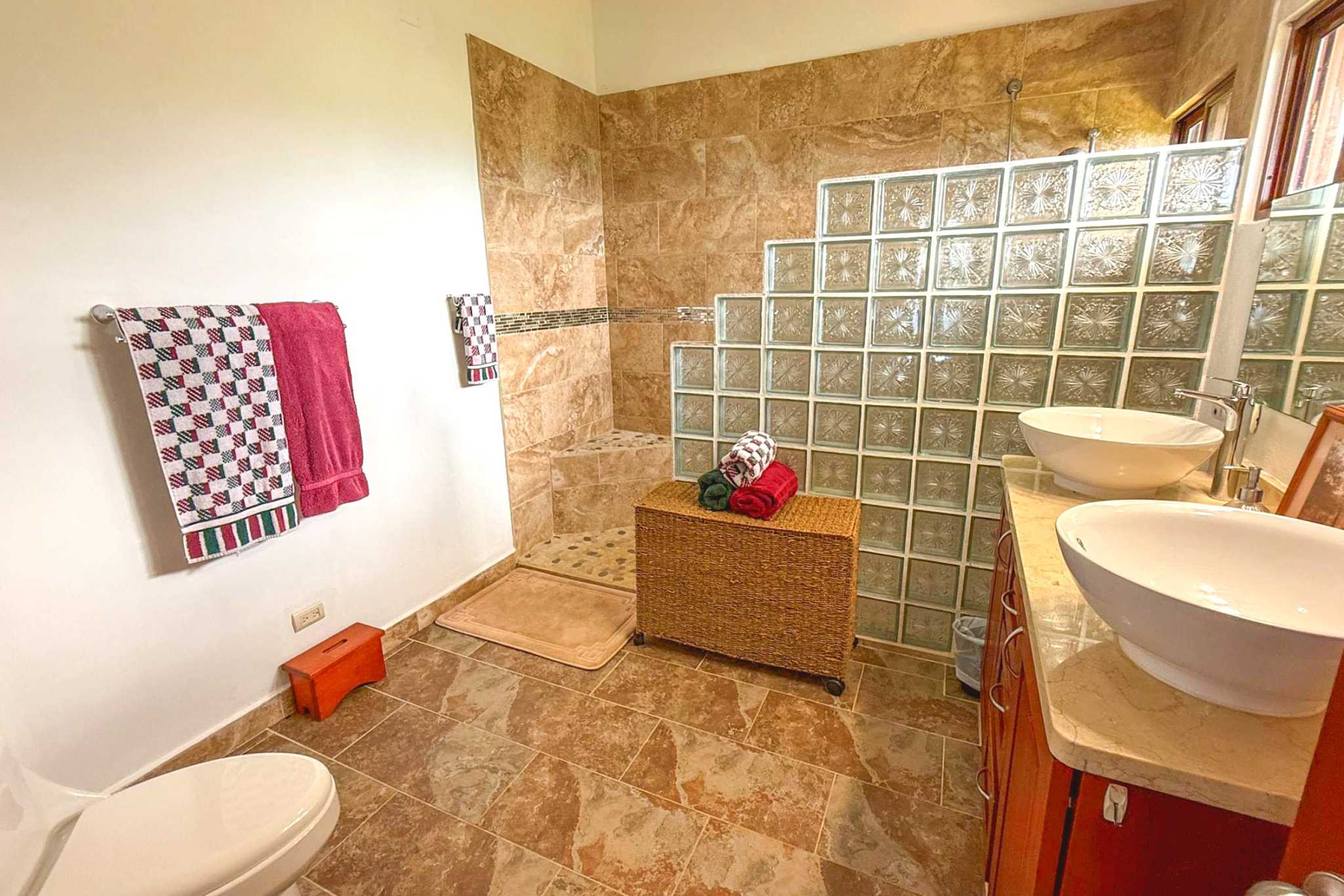 Main Guest Bathroom Ocean-View 3-Bedroom Home guest bathroom with glass blocks in Toucan Valley/Osa Mountain Village, Costa Rica
