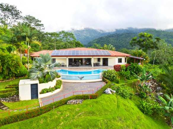 Luxurious Outdoor Living Home aerial view of villa, solar panels, and pool in Chontales, Costa Rica