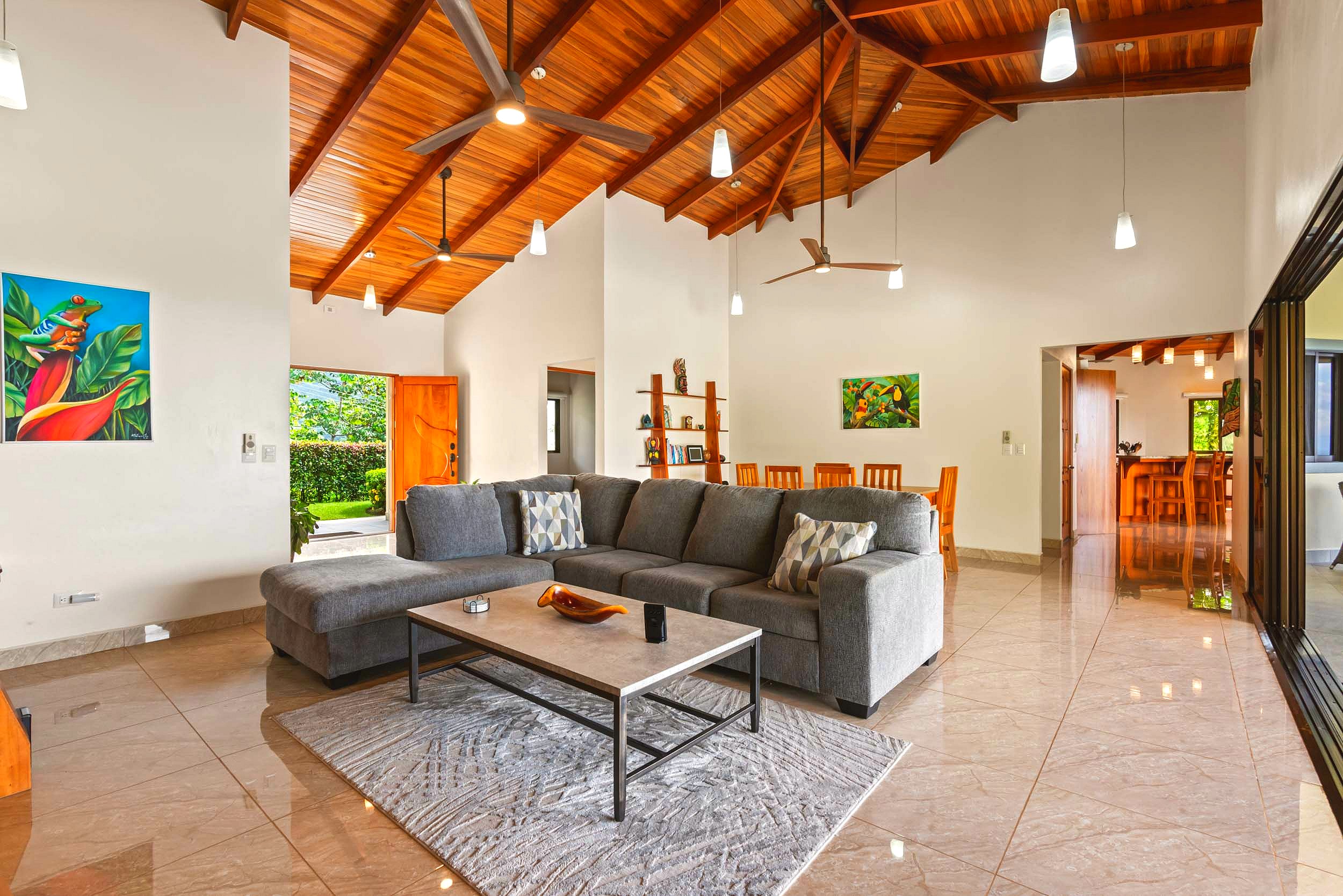 Luxurious Ocean View Home living room with wood ceiling in Chontales, Costa Rica