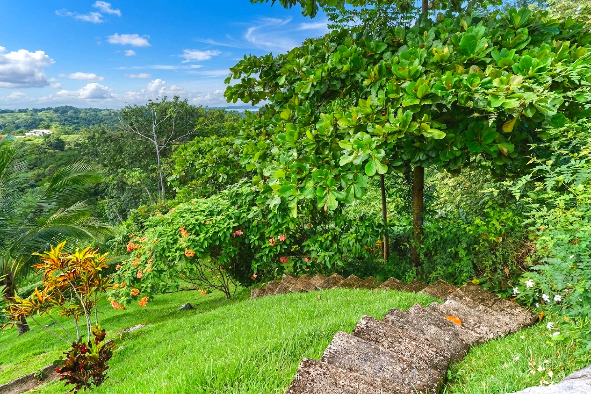 Luxurious Panoramic View Home stone garden steps and lush tropical foliage in Chontales, Costa Rica.
