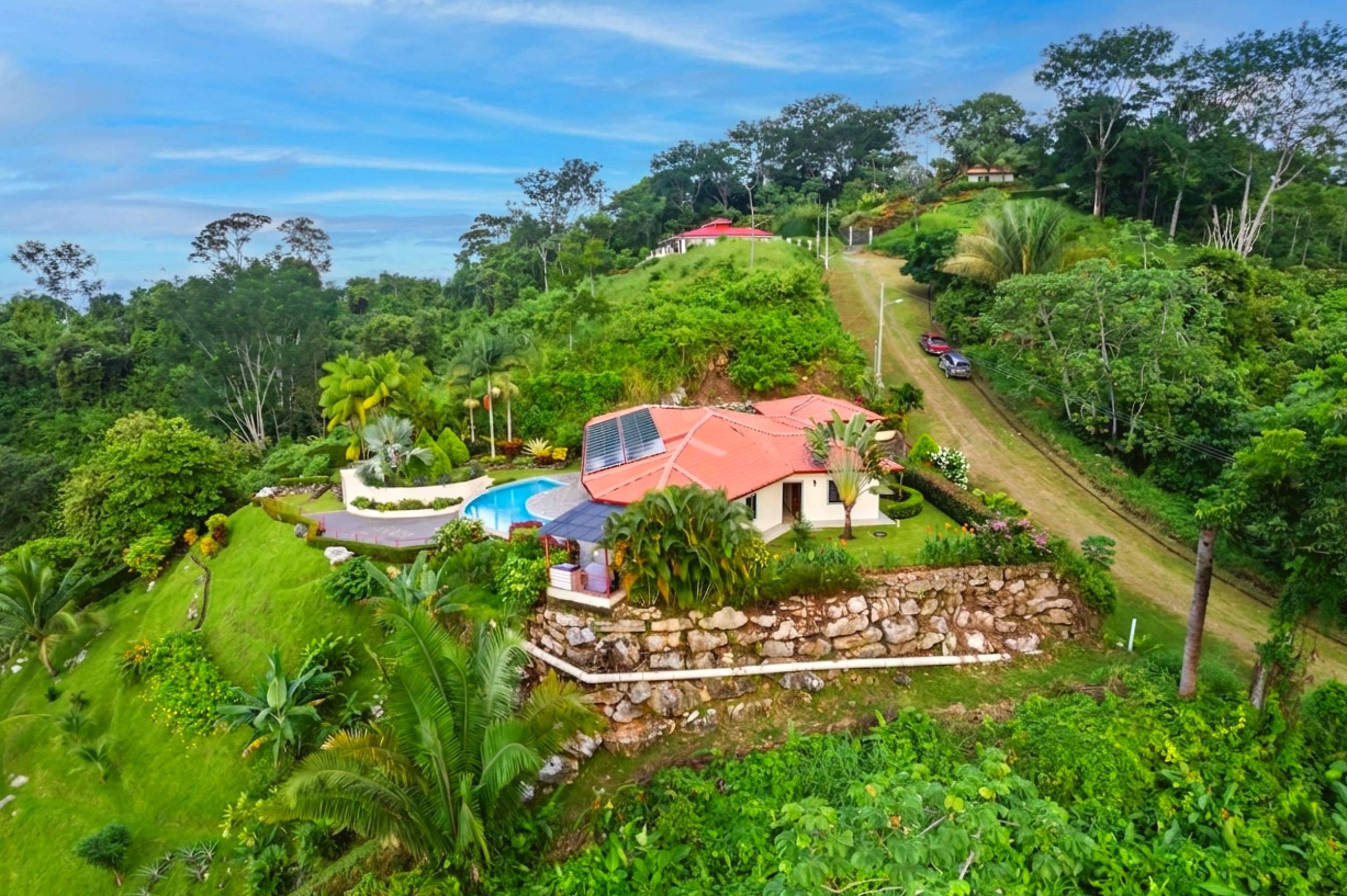 Luxurious Ocean View Home aerial view of villa and pool in Chontales, Costa Rica
