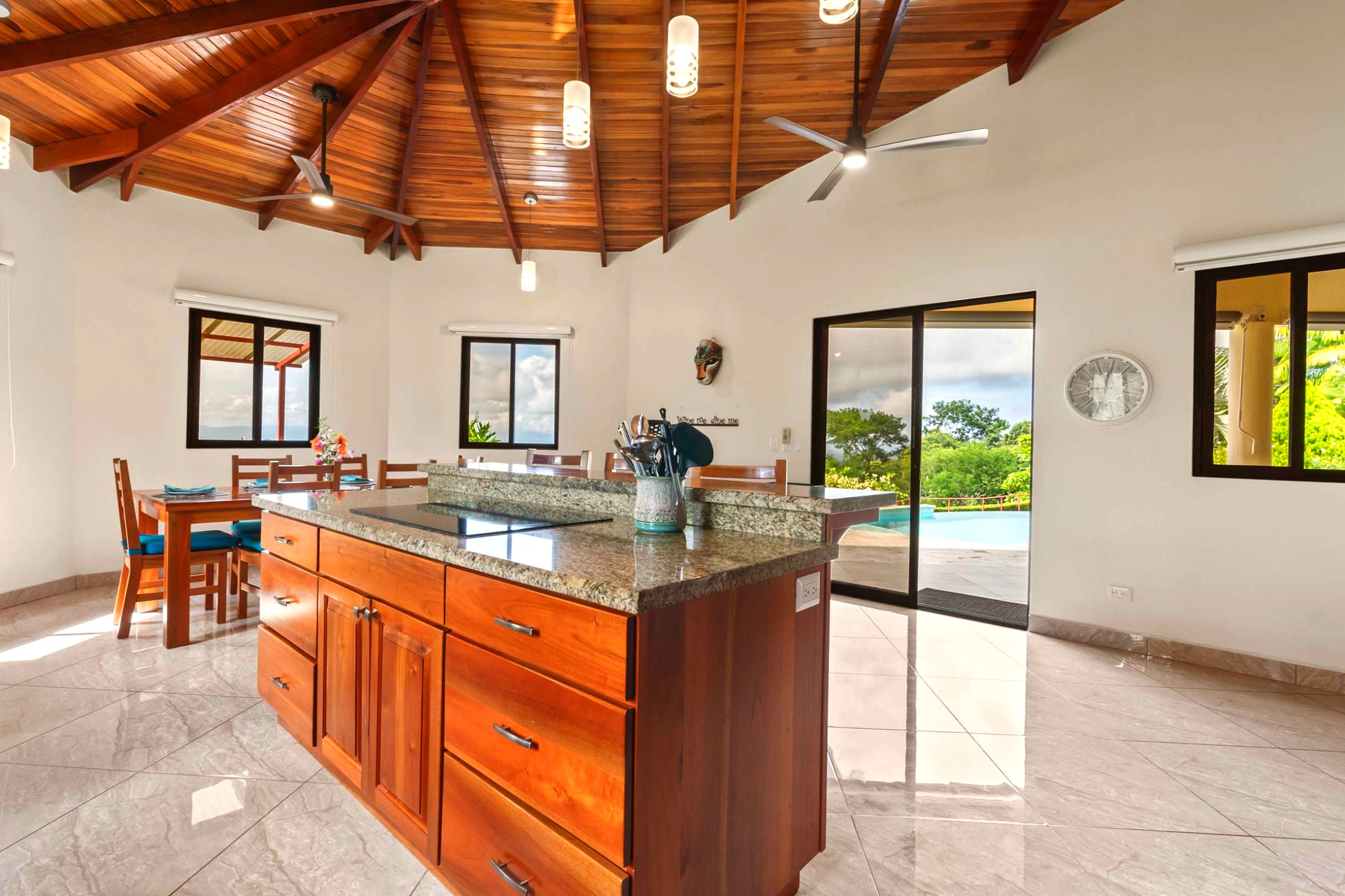 Luxurious Ocean View Home kitchen island with wooden ceiling in Chontales, Costa Rica