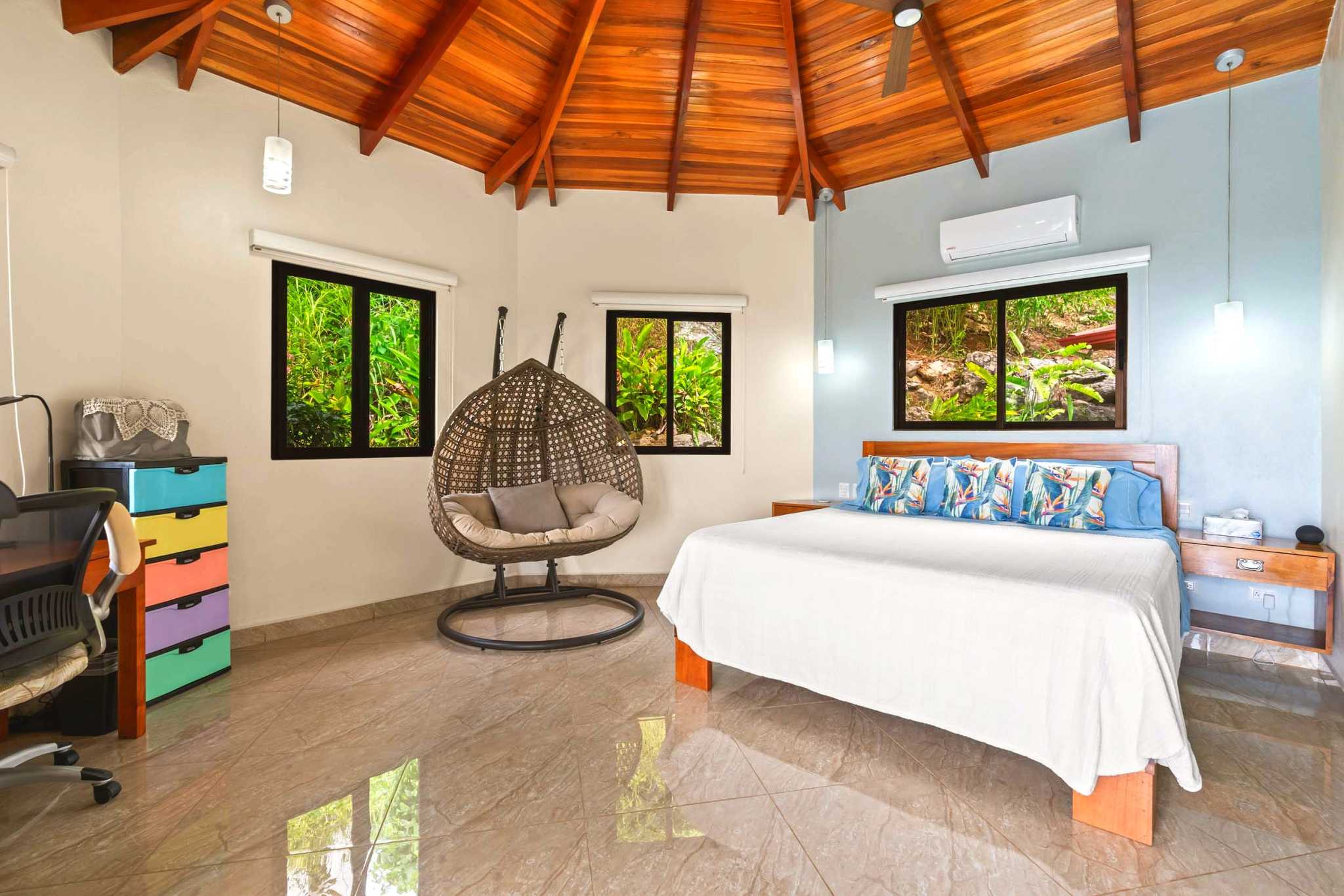 Main Master Bedroom Luxurious Ocean View Home master bedroom with vaulted wood ceiling in Chontales, Costa Rica