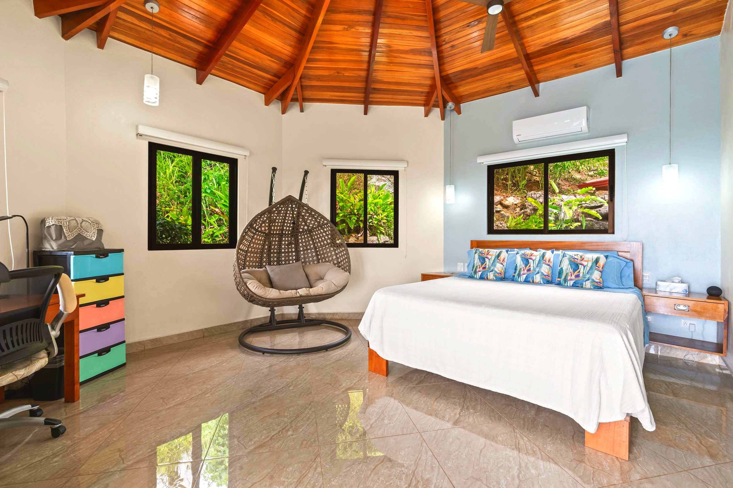 Luxurious Ocean View Home master bedroom with vaulted wood ceiling in Chontales, Costa Rica