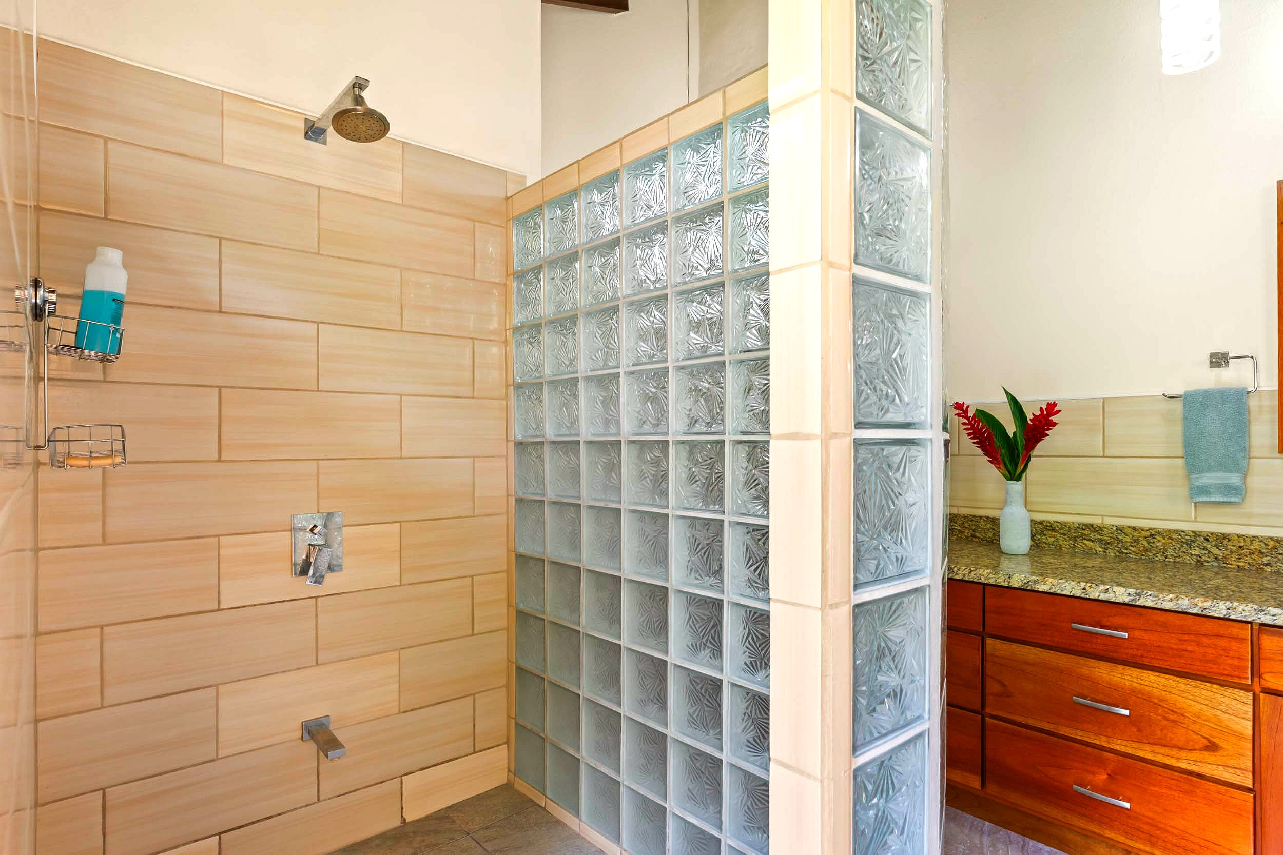 Luxurious Ocean View Home master bath glass block shower in Chontales, Costa Rica