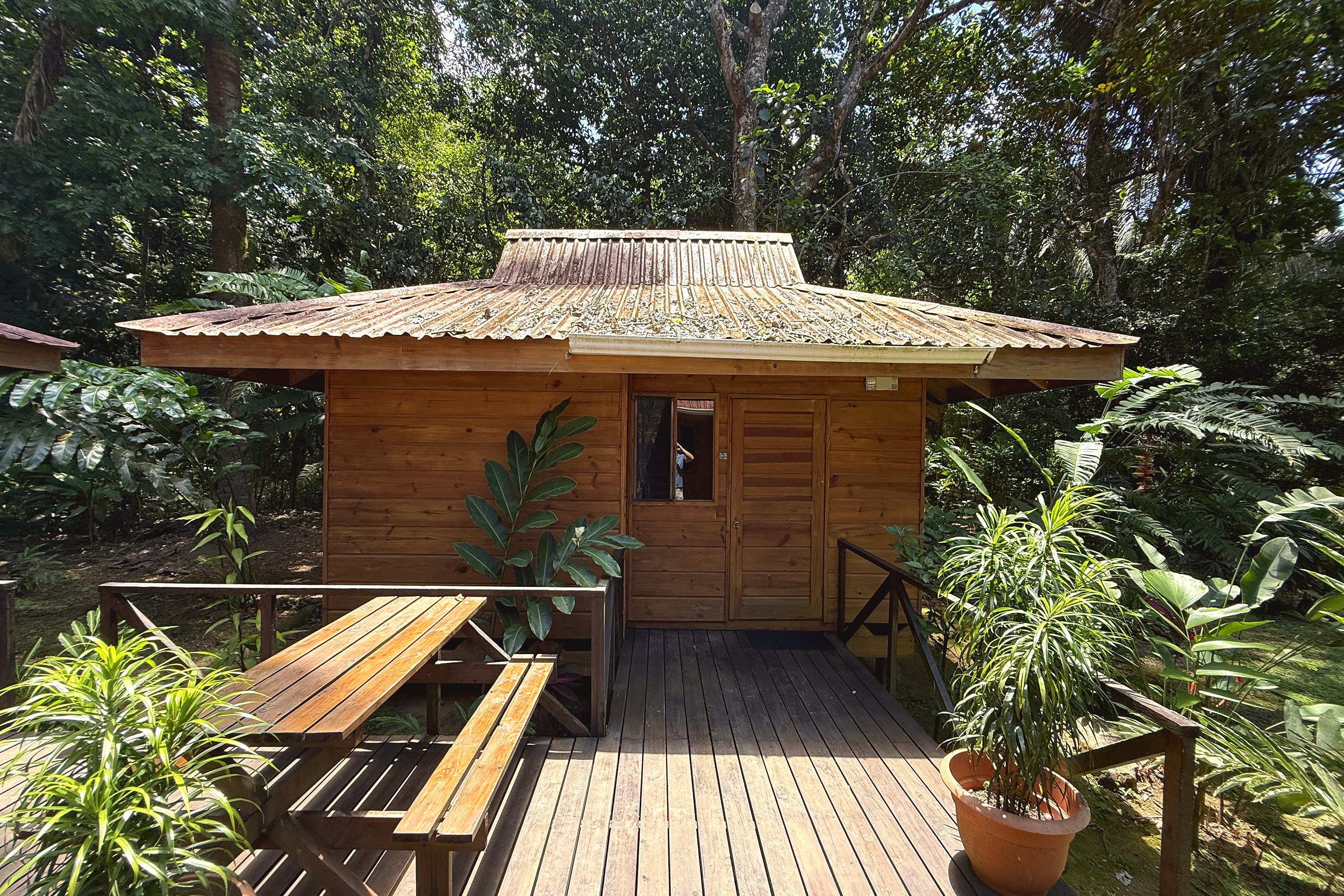 Jungle Cabin Exterior Jungle Hotel wooden cabin with deck and picnic table in Ojochal, Costa Rica