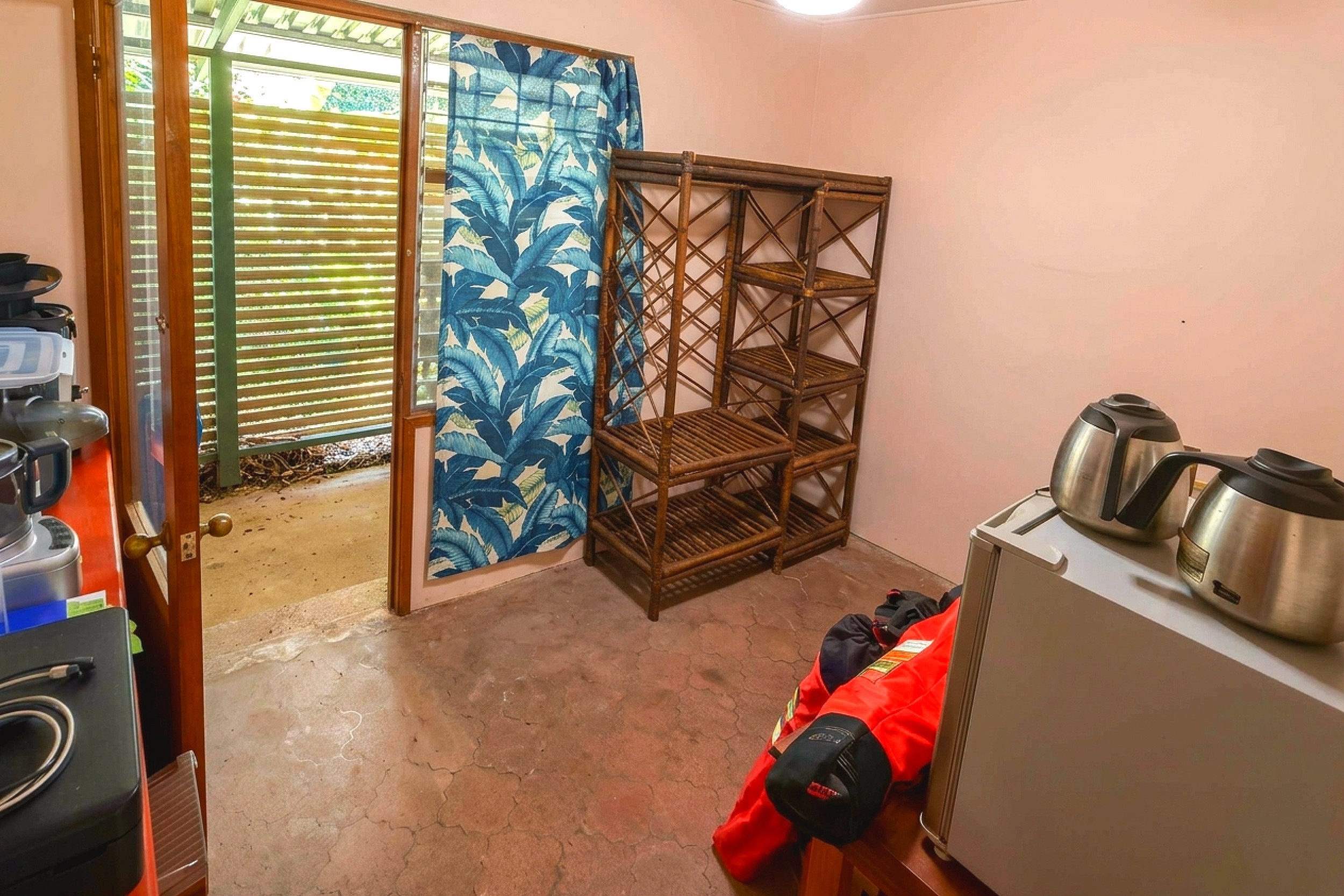 Utility & Storage Room Jungle Hotel utility room with bamboo shelving and coffee station in Ojochal, Costa Rica