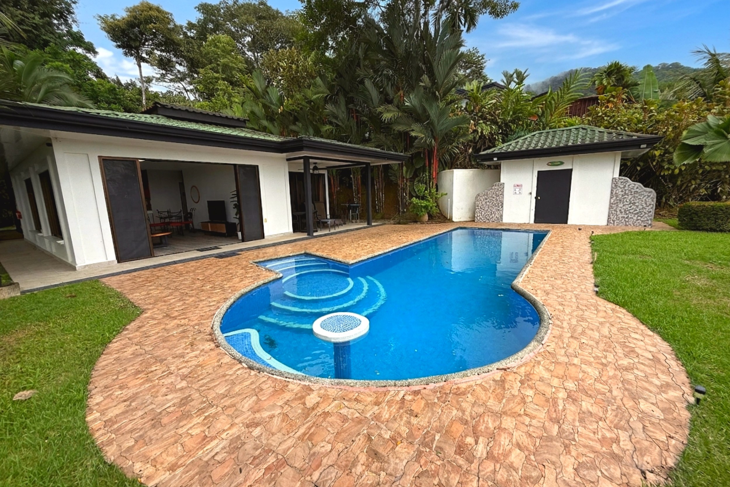 Freeform Pool & Patio Tropical Villa freeform pool with brick patio and lounge deck in Costa Rica