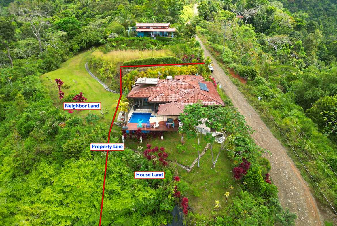 Aerial property line view of the villa and pool in Toucan Valley/Osa Mountain Village, Costa Rica.